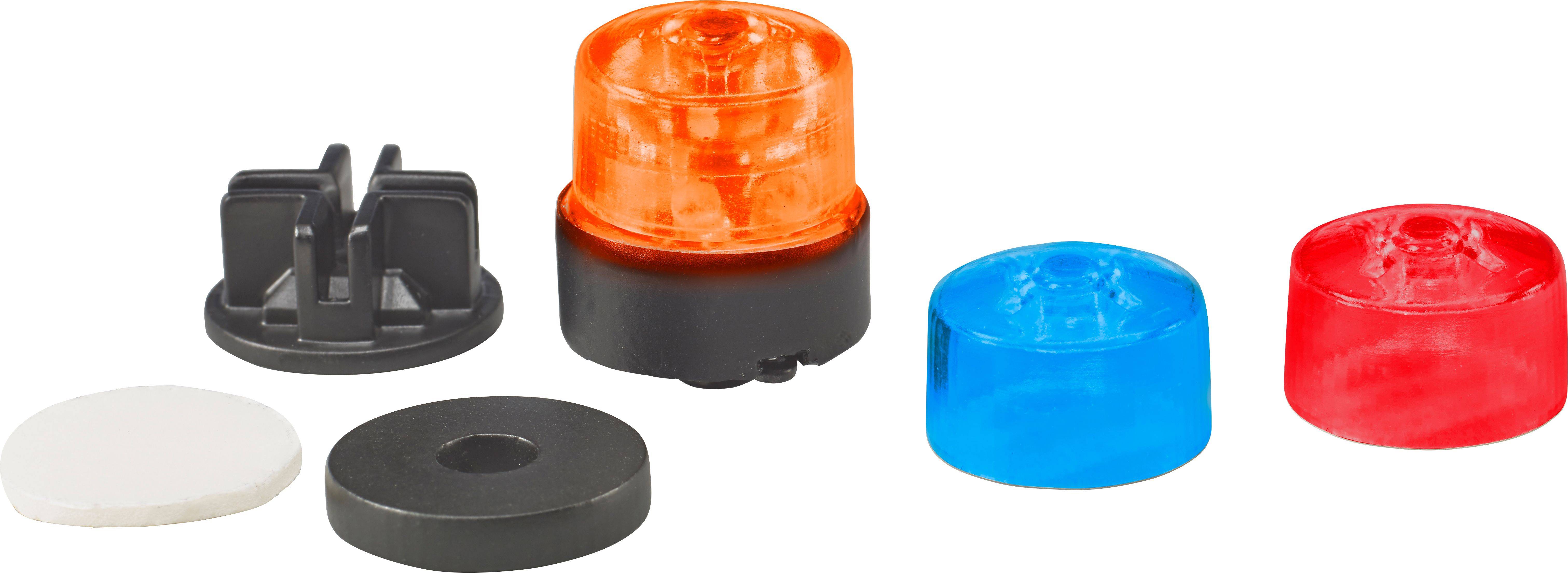 Ein kleines orangefarbenes LED-Blinklicht mit schwarzem Sockel, umgeben von blauen und roten Abdeckungen sowie Montagezubehör.