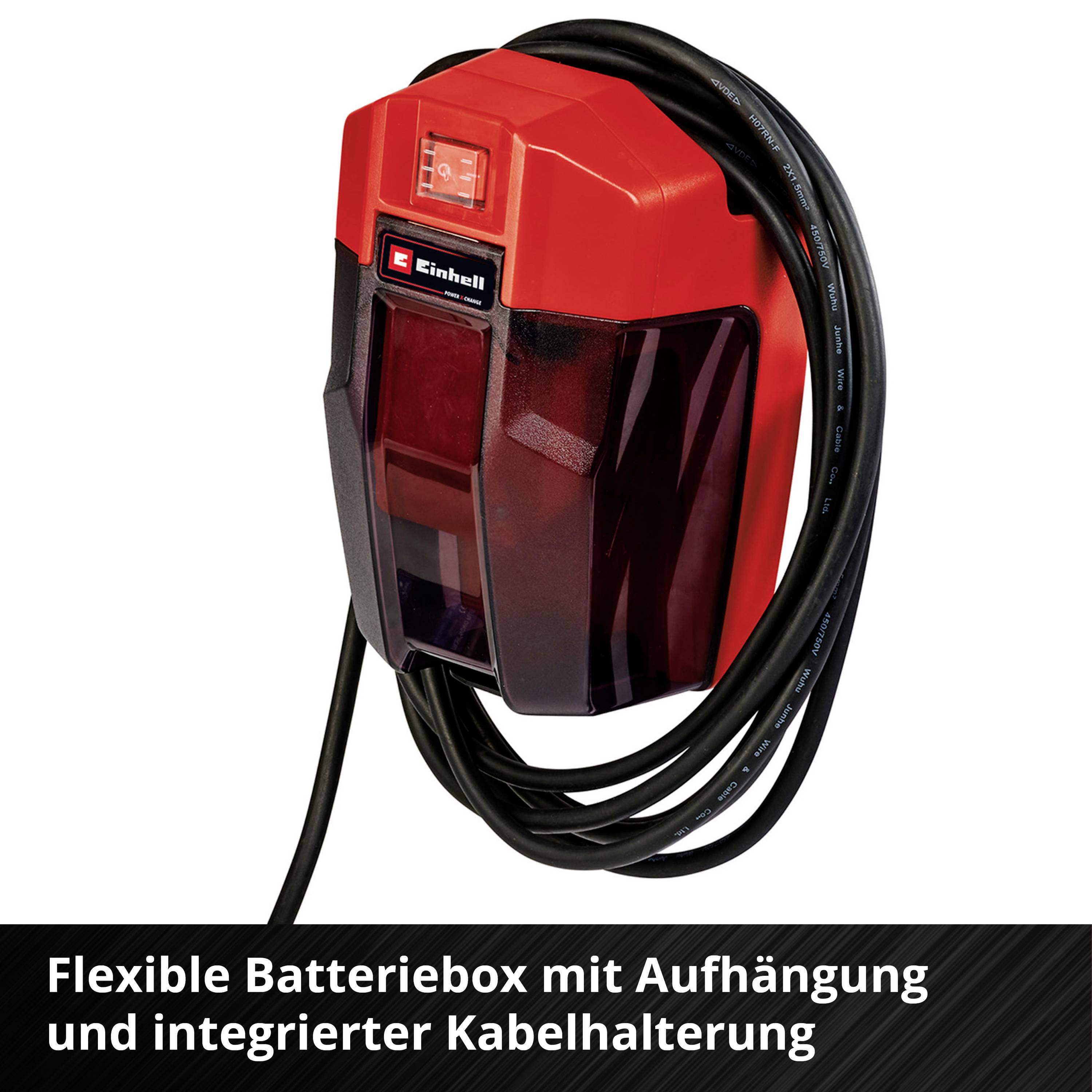 Flexible Batteriebox mit Aufhängung und integrierter Kabelhalterung.