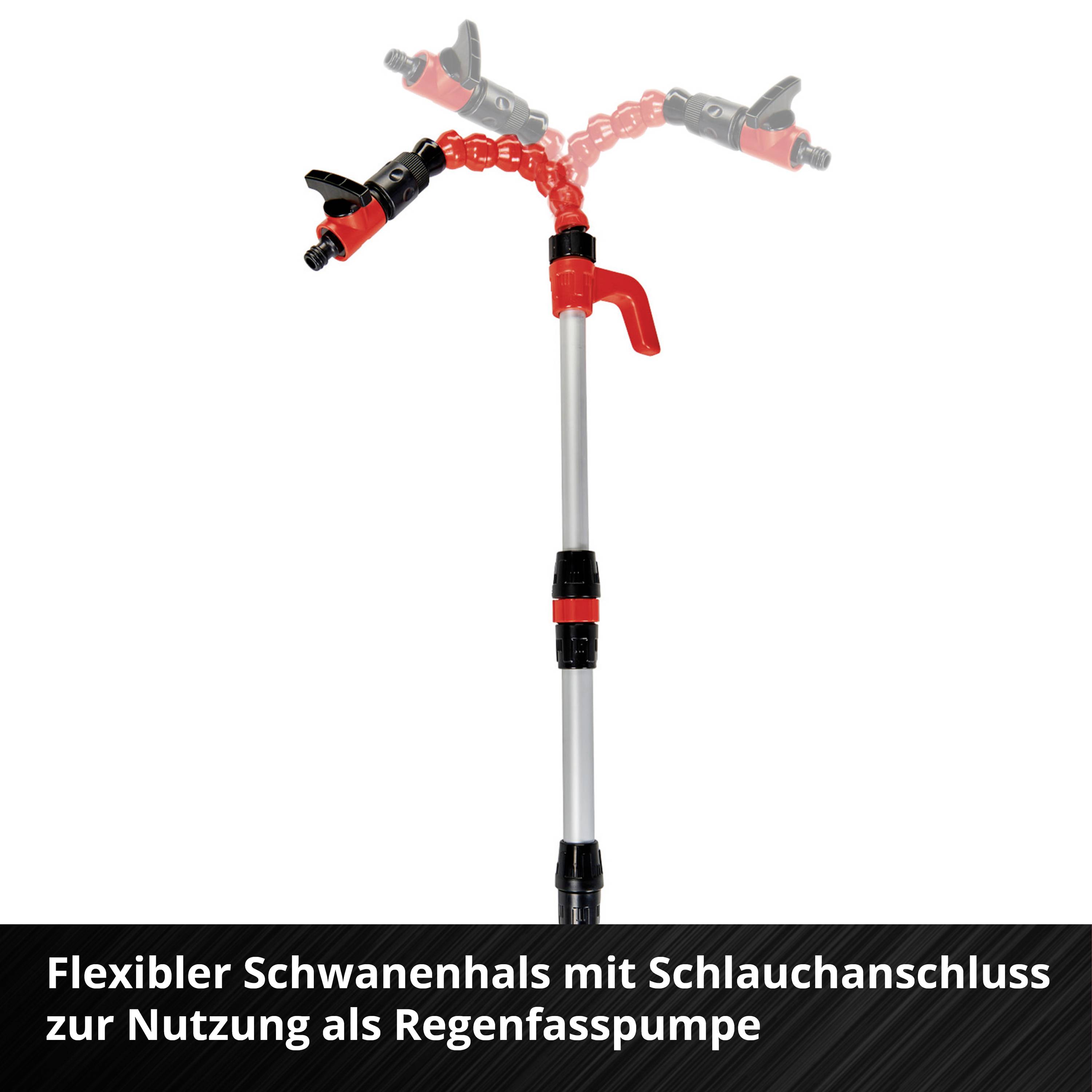 'Flexibler Schwanenhals mit Schlauchanschluss zur Nutzung als Regenfasspumpe' zeigt ein verstellbares Pumpenzubehör mit rot-schwarzem Design.