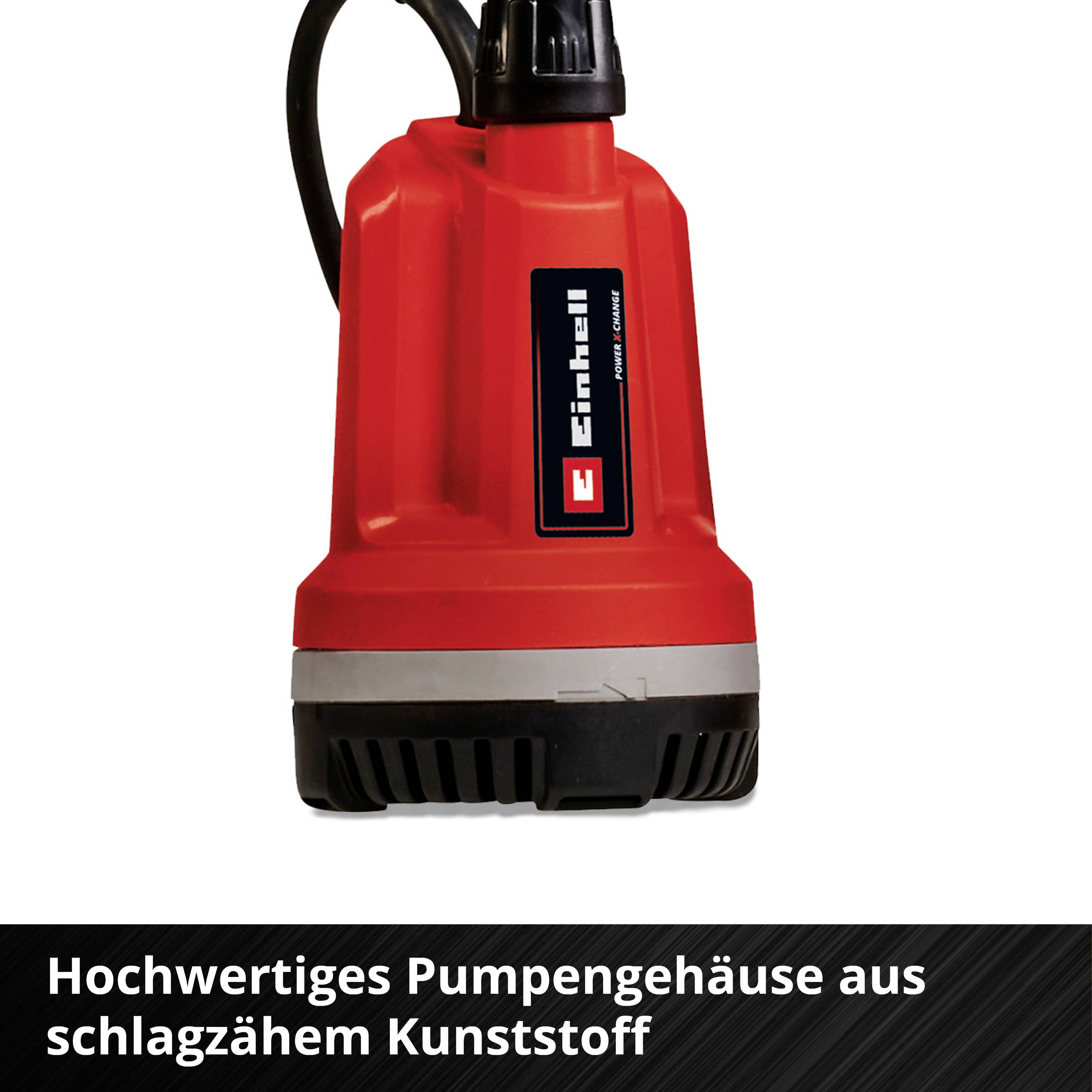 Eine rote Pumpe mit schwarzem Griff und dem Aufdruck 'Einhell'. Text unten: 'Hochwertiges Pumpengehäuse aus schlagzähem Kunststoff'.