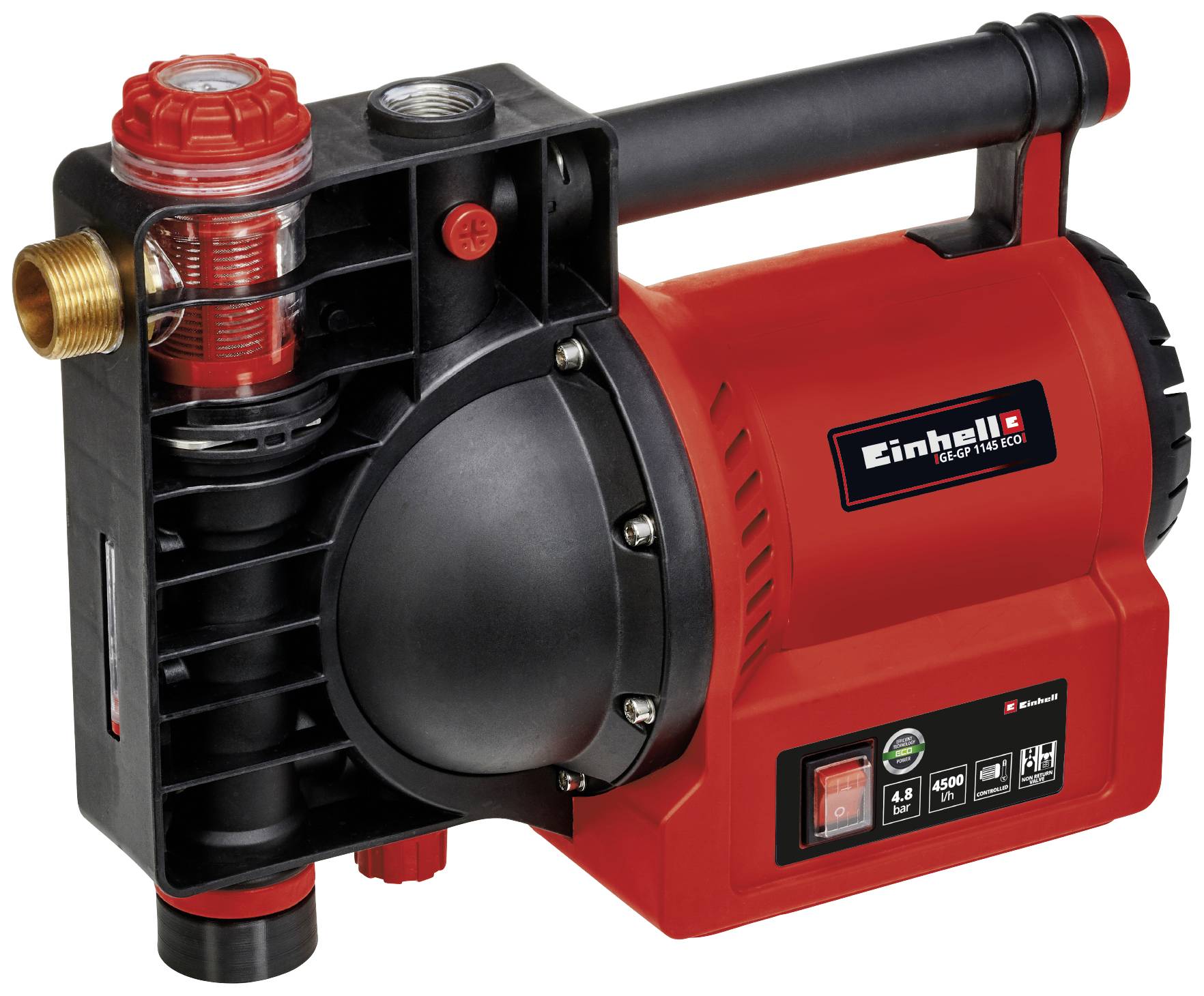Eine rote Wasserpumpe der Marke Einhell mit einem schwarzen Griff, einem sichtbaren Wasserfilter und einem Messinganschluss.
