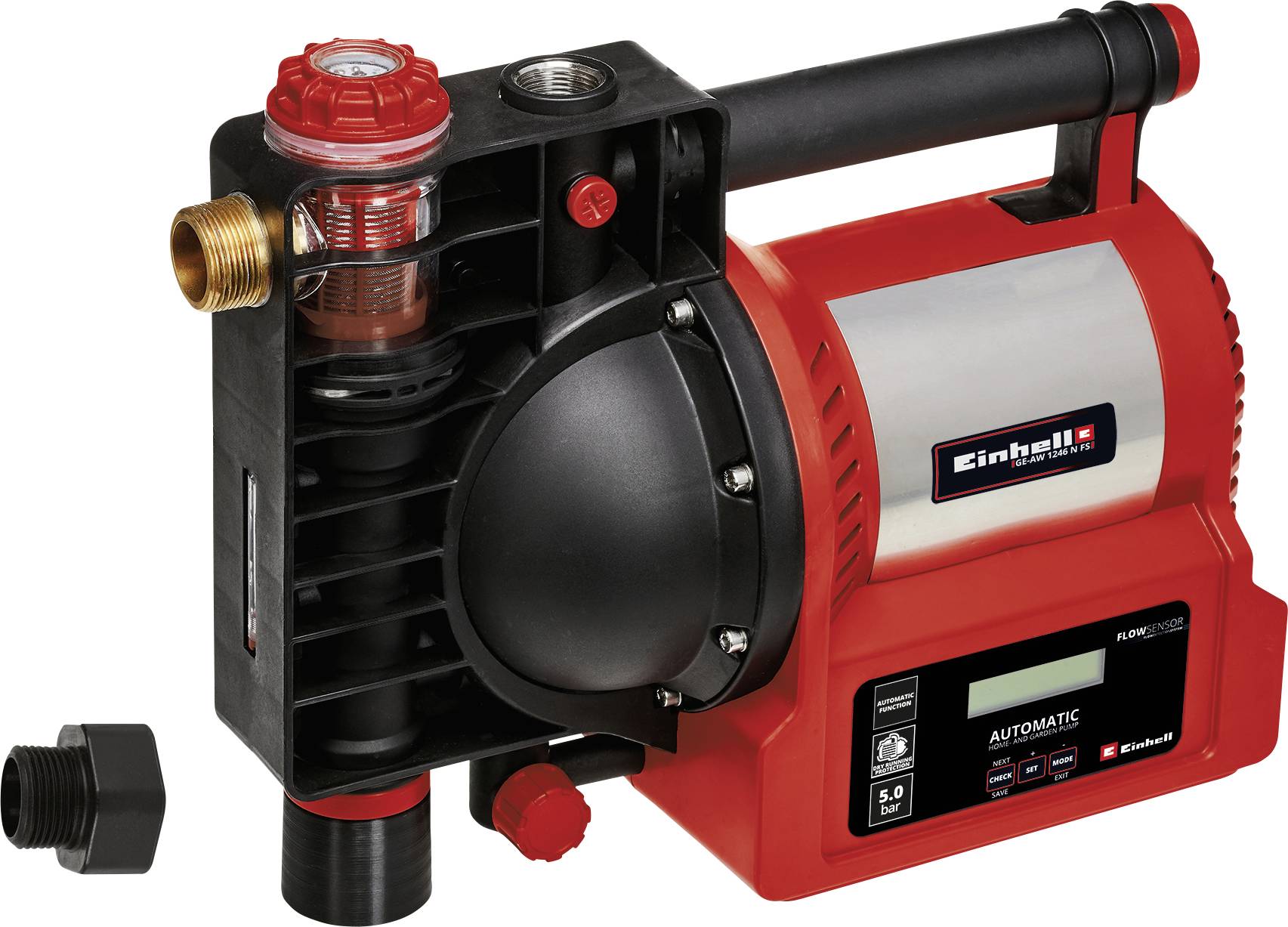 Gartenpumpe mit digitalem Display, rotem Gehäuse und schwarzem Filter. Geeignet zur automatischen Bewässerung und Wasserversorgung.