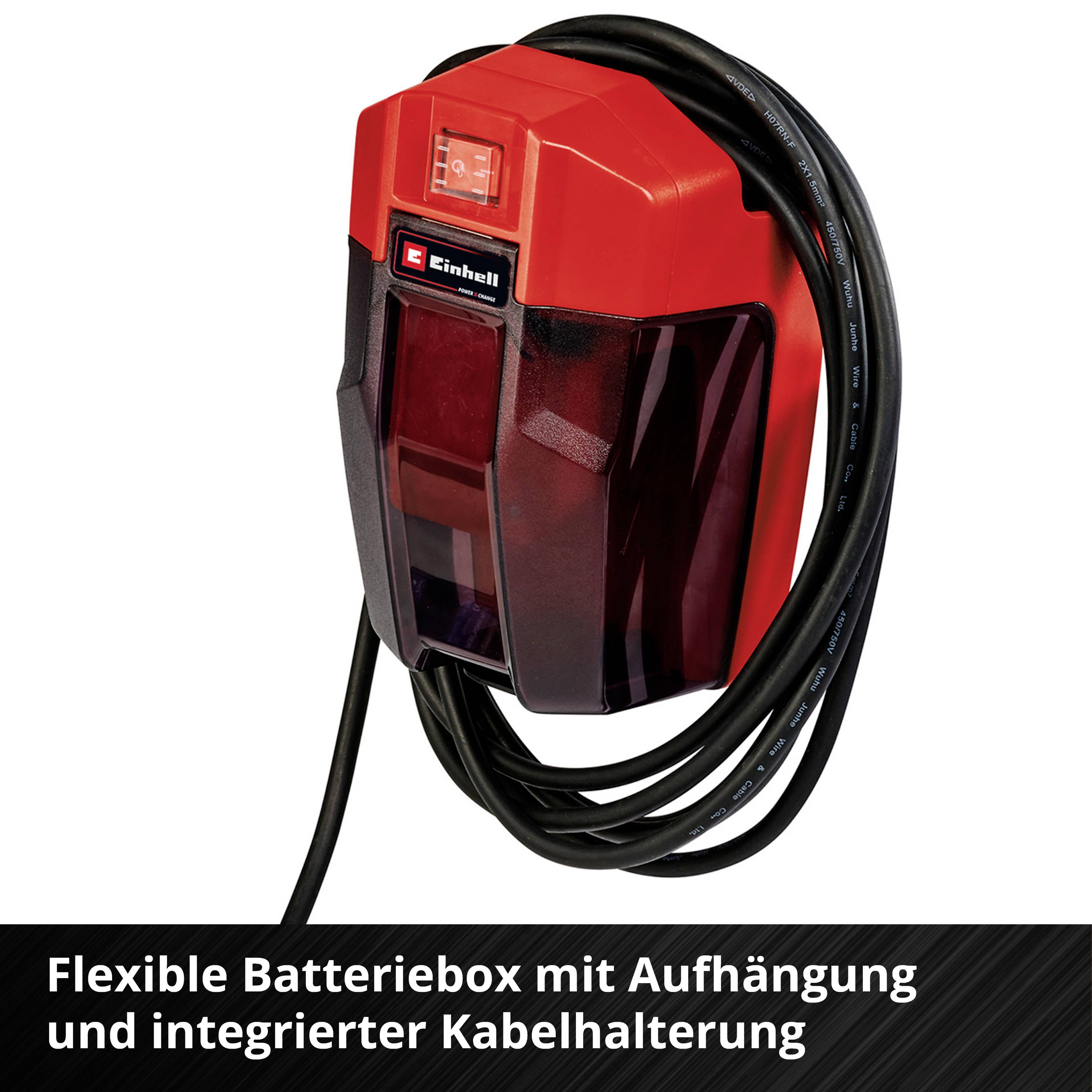 'Flexible Batteriebebox mit Aufhängung und integrierter Kabelhalterung.' Eine rote Box mit schwarzem Kabel, an einer Halterung befestigt.