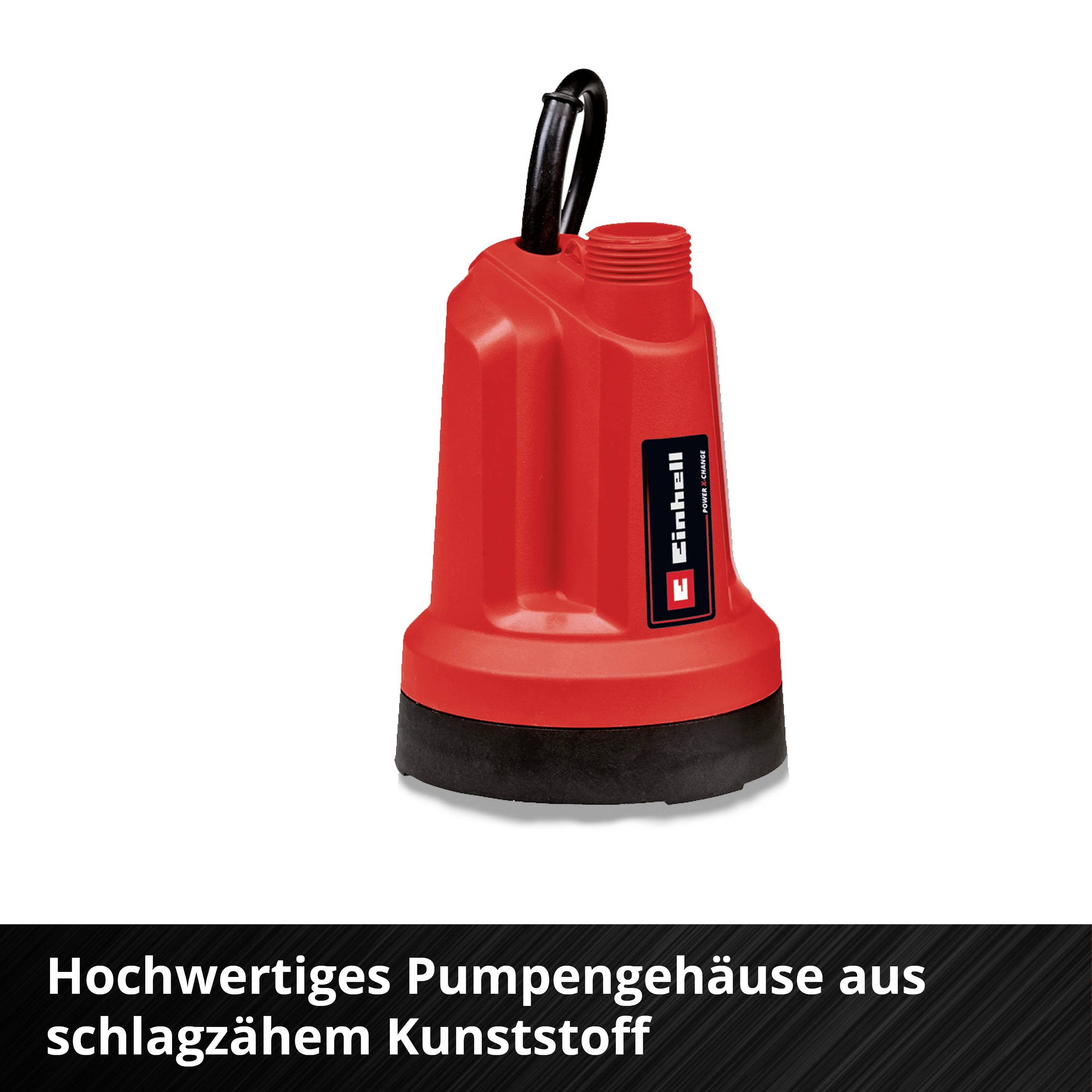 'Einhell Schmutzwasserpumpe' in rotem Kunststoffgehäuse mit schwarzem Sockel. Darunter Text: 'Hochwertiges Pumpengehäuse aus schlagzähem Kunststoff'.
