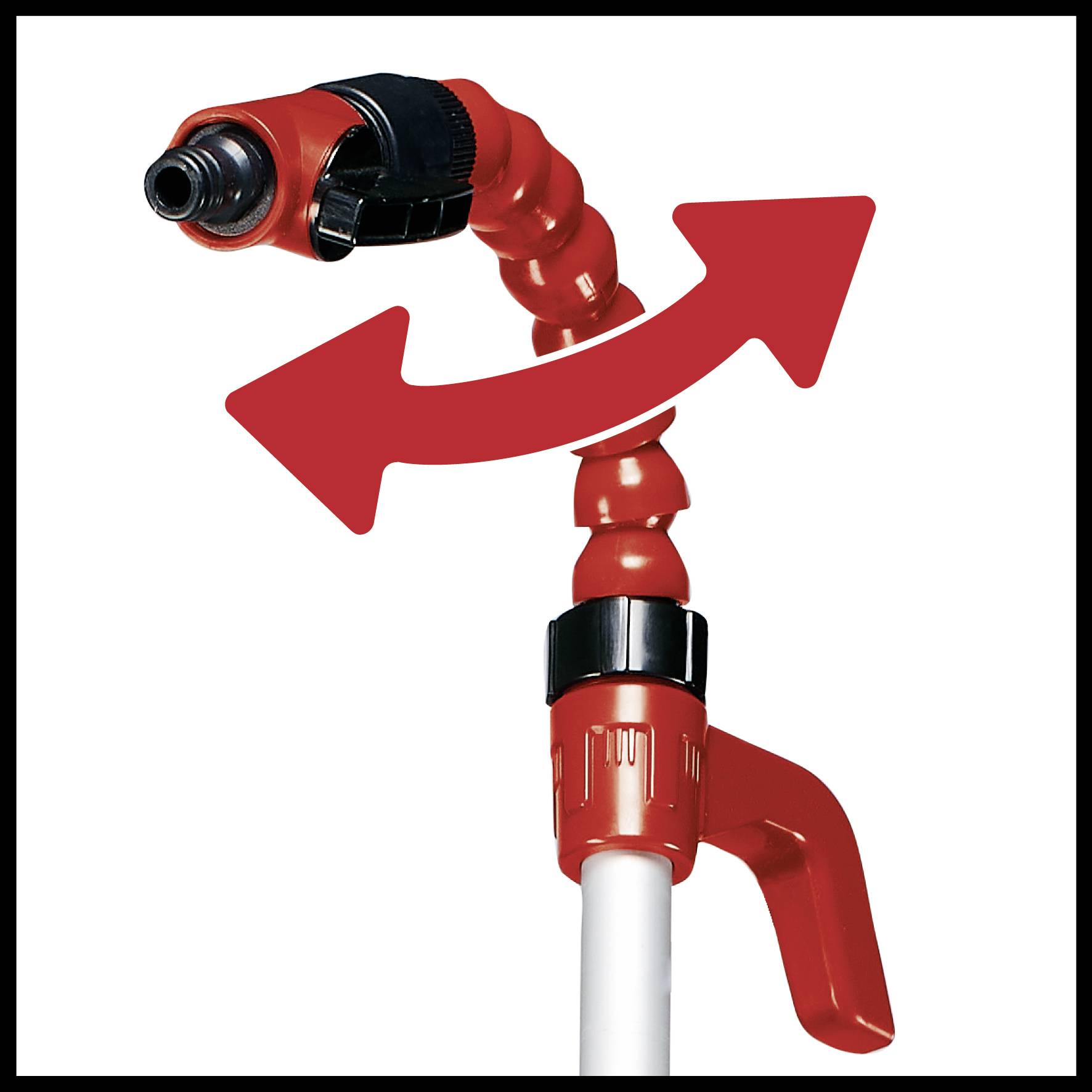 Roter Wassersprühaufsatz mit flexiblem Hals, zeigt Pfeile für drehbare Bewegung. Ideal für präzises Gießen und Bewässern.