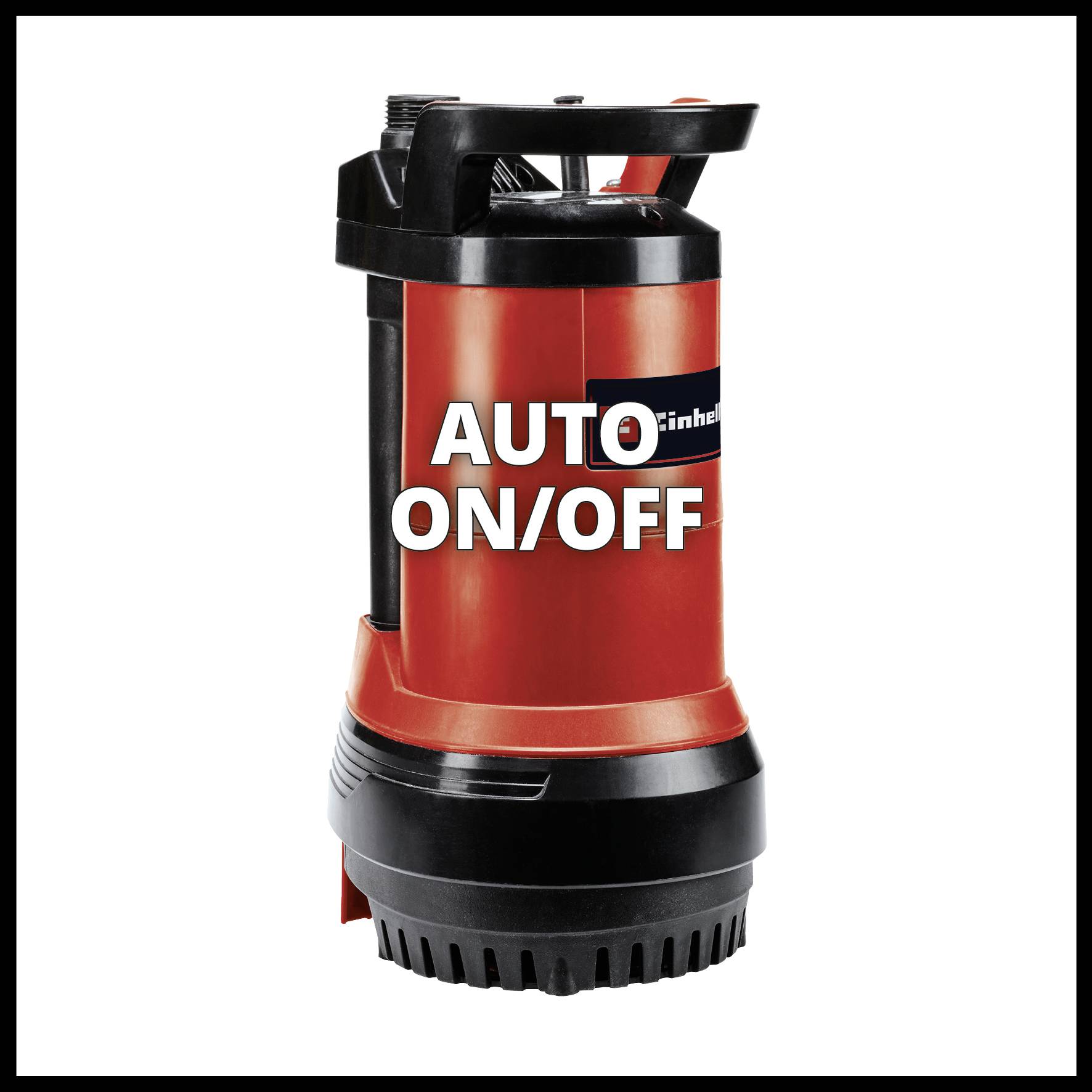 Eine rot-schwarze Wasserpumpe mit automatischer Ein-/Ausschaltfunktion, steht aufrecht, geeignet für den Einsatz in Gärten.