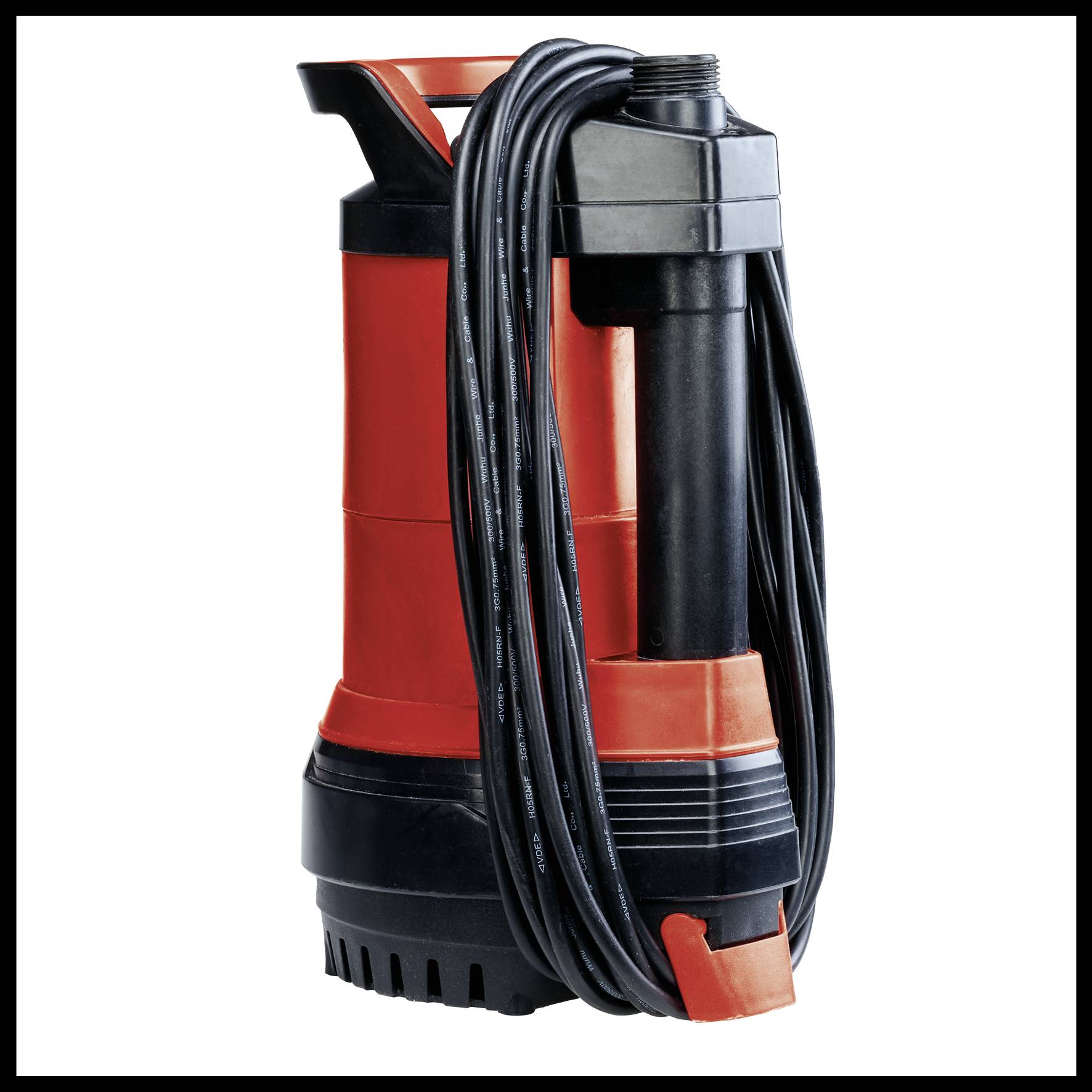 Unterwasserpumpe in Rot und Schwarz mit Kabel, geeignet für die Entwässerung von Kellern oder das Abpumpen von Teichen.