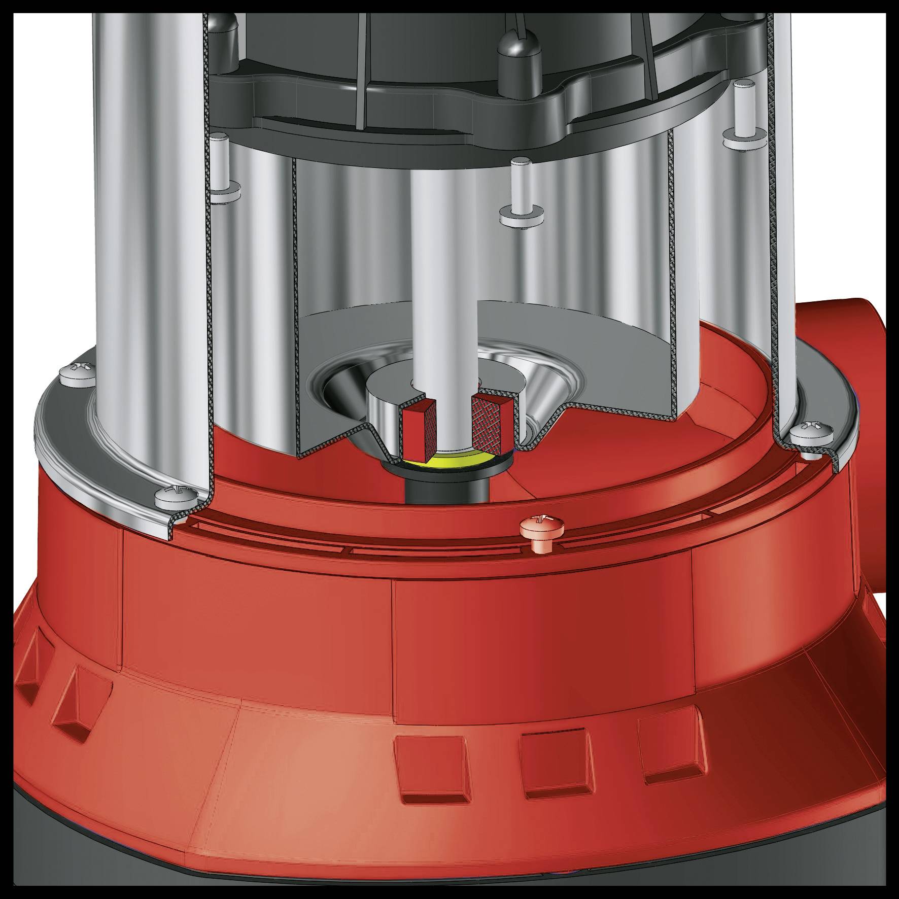 Schnittdarstellung einer Pumpe mit rotem Gehäuse und sichtbaren mechanischen Komponenten.