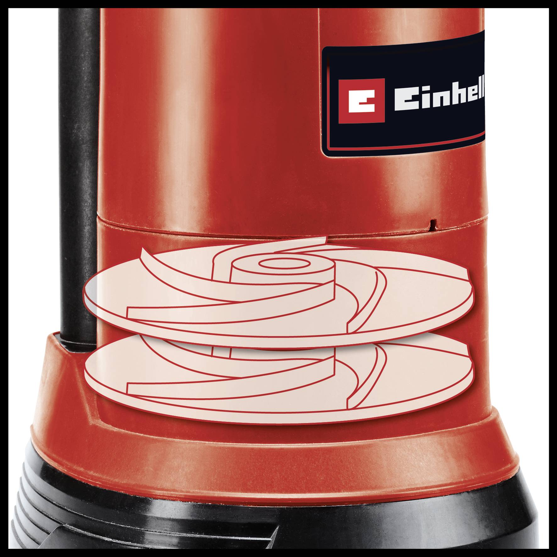 Rotes Gerät mit geschwungenen Linien auf einer scheibenförmigen Fläche; Einhell-Logo oben rechts. Design zeigt Dynamik und Bewegung.