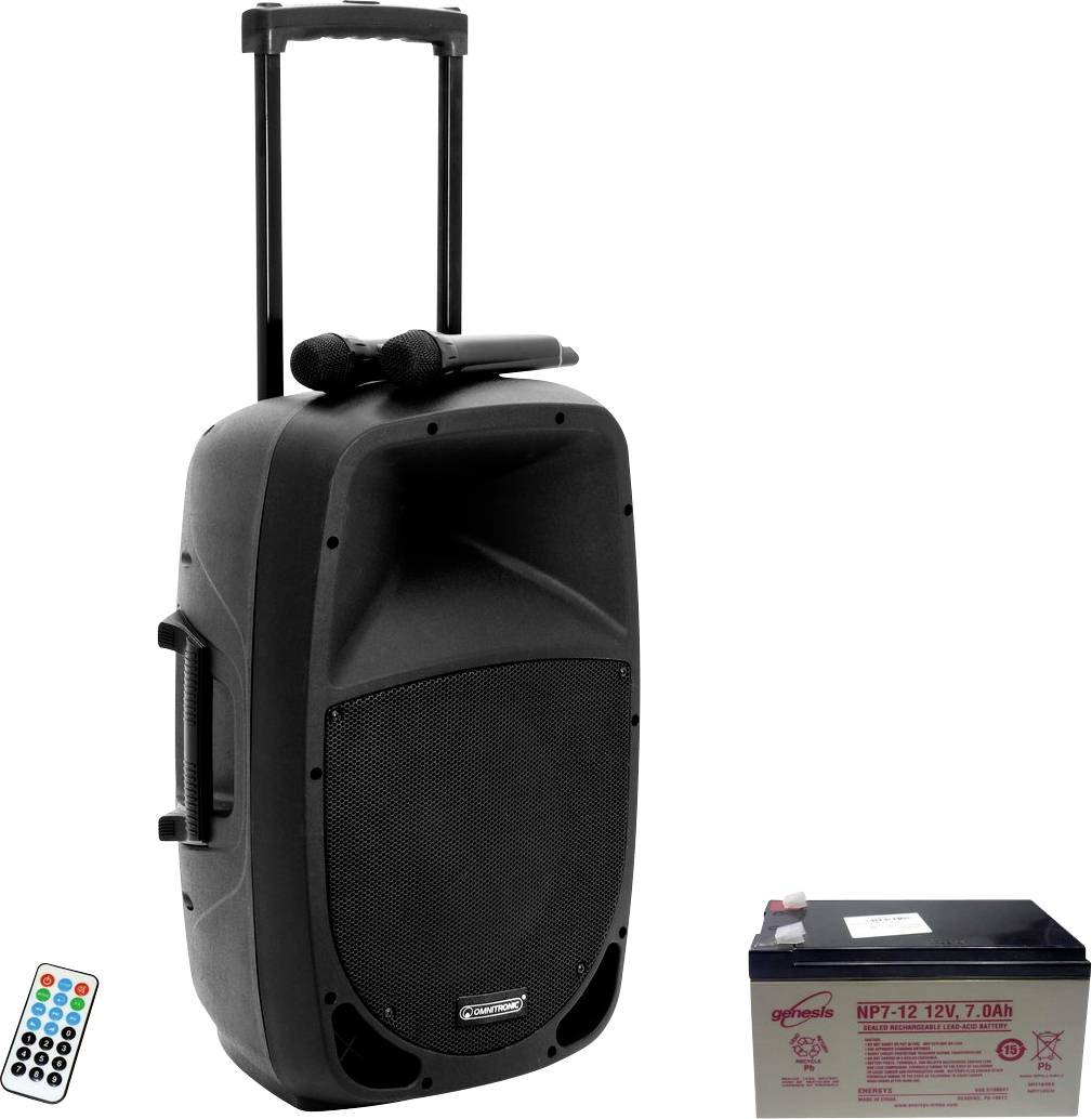 Schwarzer mobiler Lautsprecher mit Mikrofon und Fernbedienung, daneben eine 12V Batterie. Ideale Ausstattung für unterwegs.