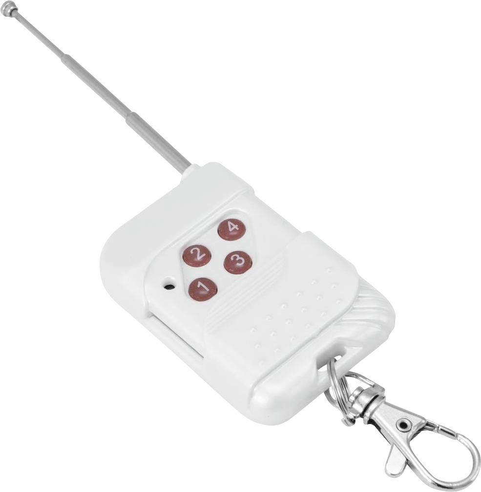 Ein weißer Funkfernbedienungsschlüsselanhänger mit vier nummerierten roten Tasten und einer ausziehbaren Antenne.
