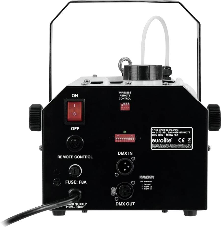 Rückansicht einer Nebelmaschine mit Schaltern für Ein/Aus, DMX-Anschlüssen und Sicherung. Kabel- und Wireless-Optionen sichtbar.