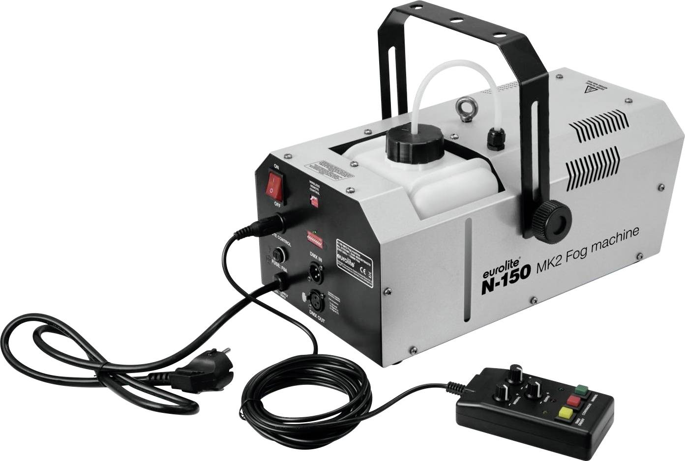 Nebelmaschine mit Kabel und Fernbedienung. Gehäuse aus Metall, Aufdruck 'N-150 MK2 Fog machine'. Typisches Gerät für Bühnenlichteffekte.