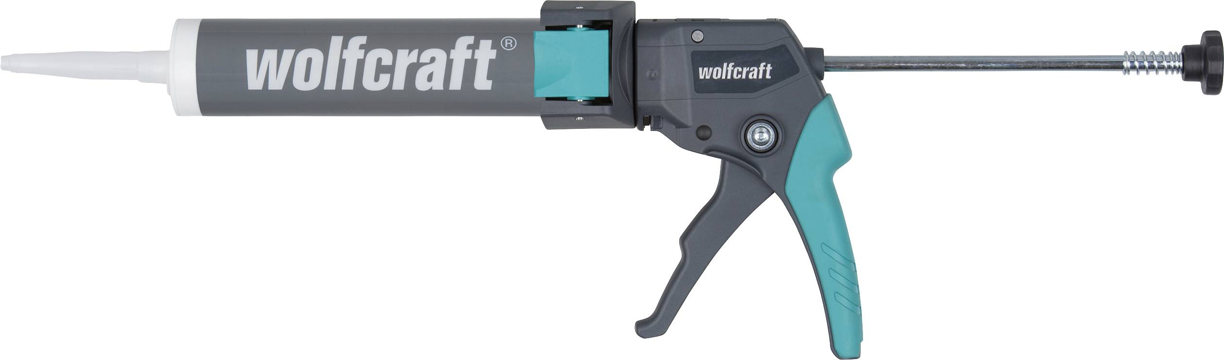 Kartuschenpistole mit grauer Kartusche und schwarzem Griff; Marke 'wolfcraft'.