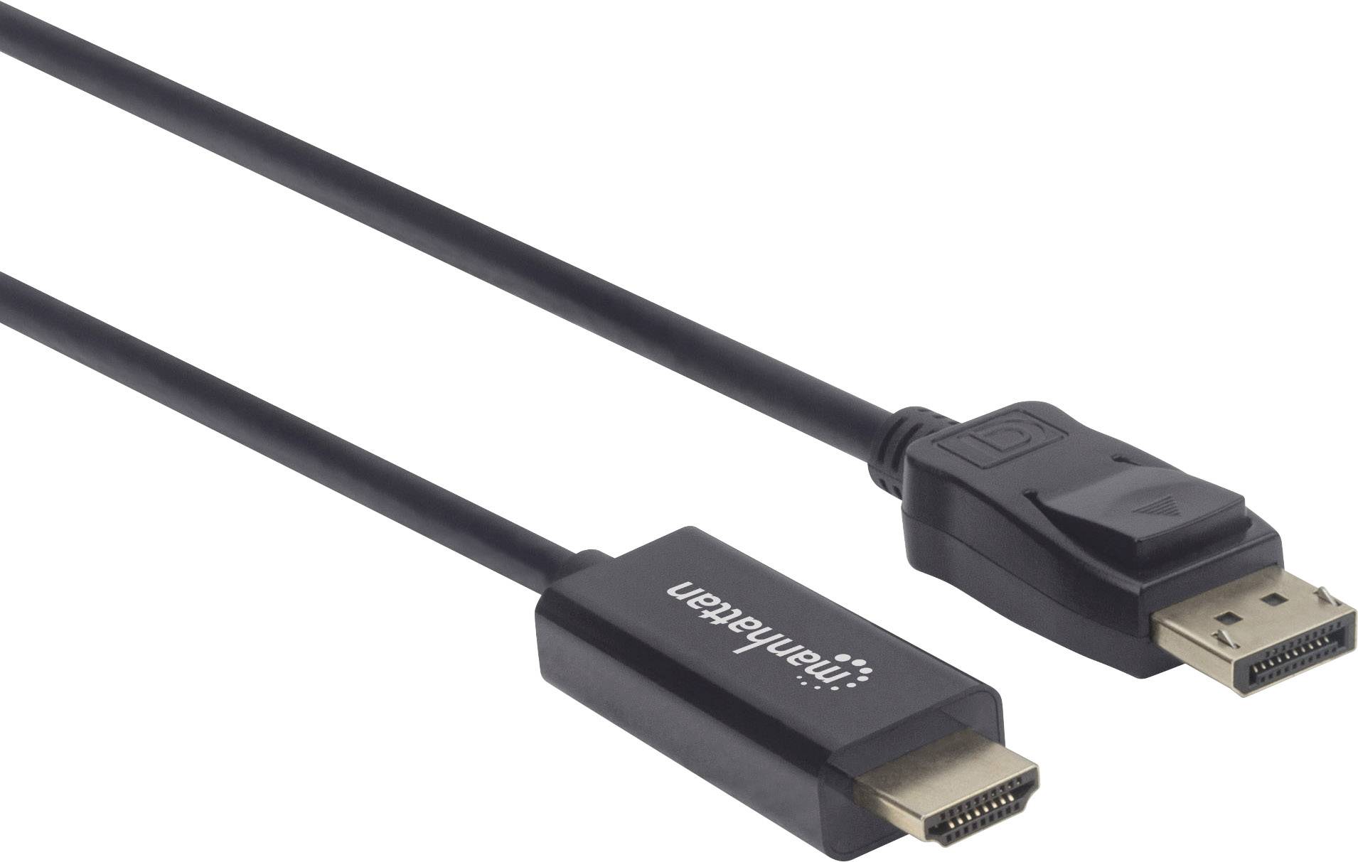 Schwarzes DisplayPort-zu-HDMI-Kabel mit Steckern an beiden Enden, geeignet für das Verbinden von Computern mit Monitoren oder Fernsehern.