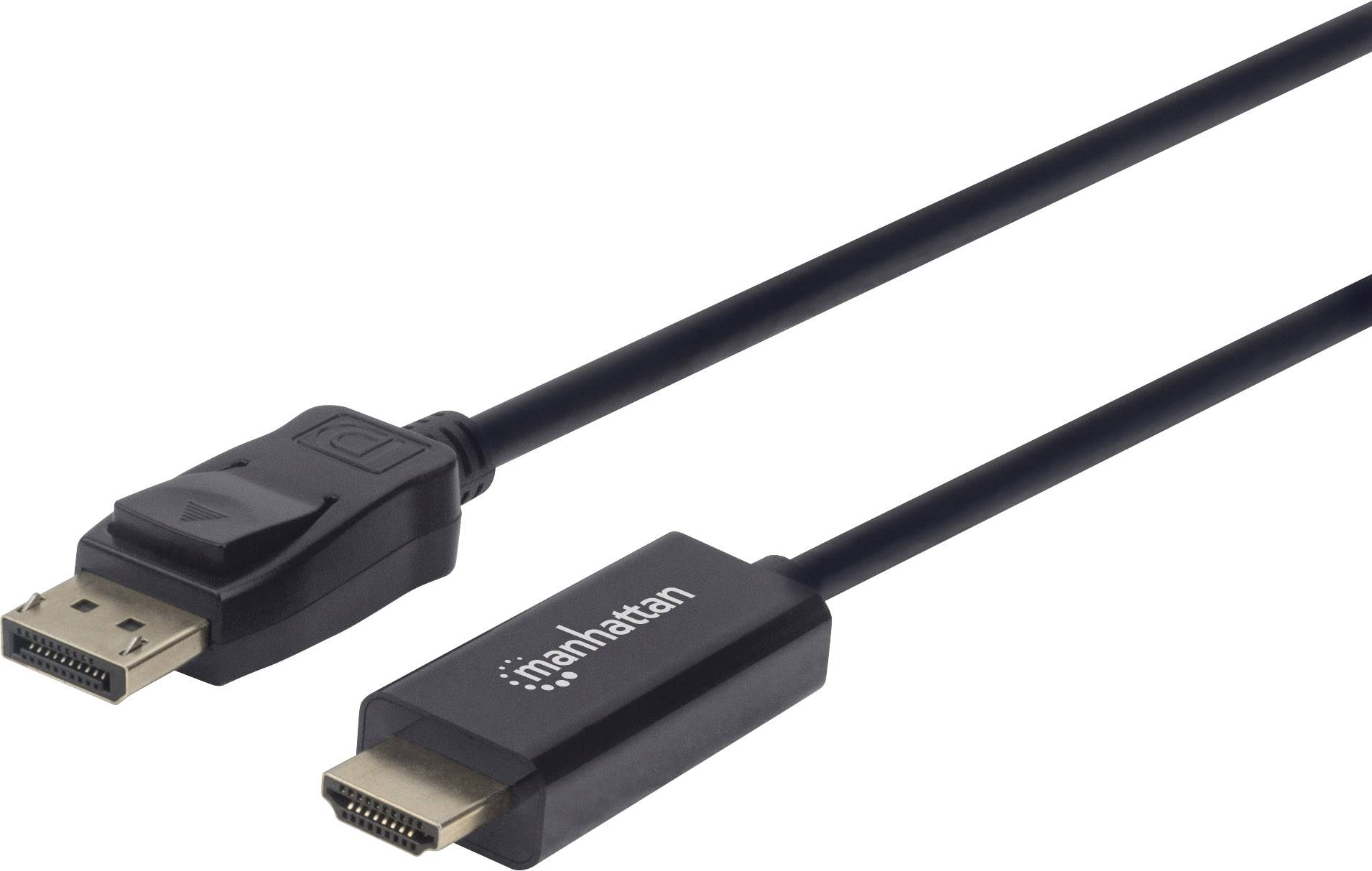 Schwarzes Kabel mit DisplayPort-zu-HDMI-Anschlüssen, Label 'Manhattan' auf HDMI-Stecker. Verbindet Geräte mit unterschiedlichen Anschlüssen.