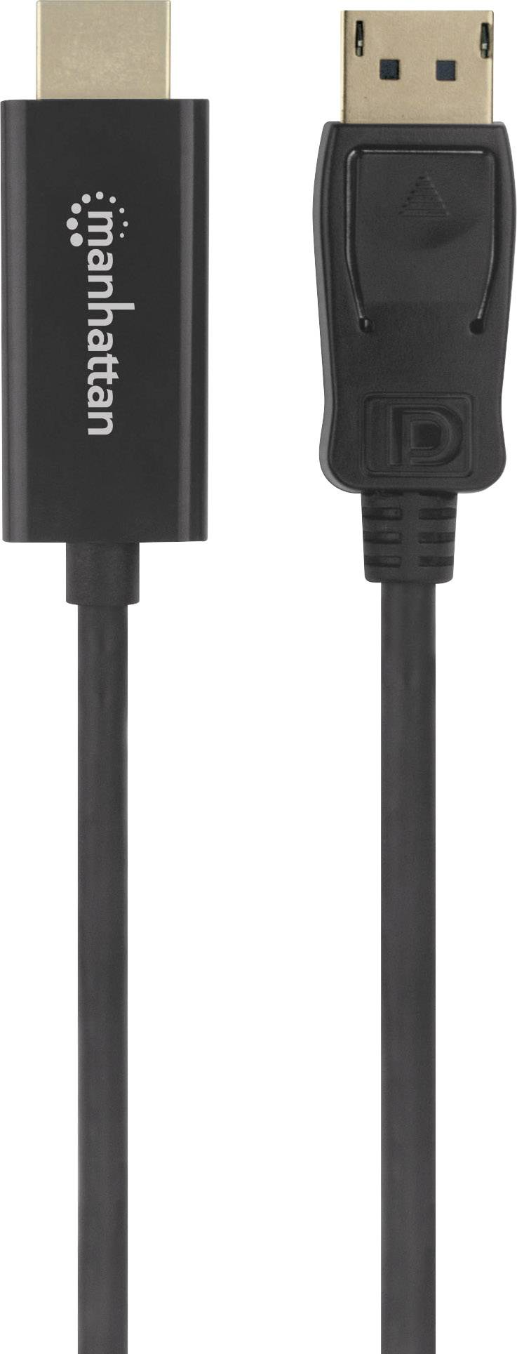 Ein schwarzes Kabel mit HDMI-Anschluss links und DisplayPort-Anschluss rechts. Das Wort 'manhattan' ist auf dem HDMI-Stecker aufgedruckt.