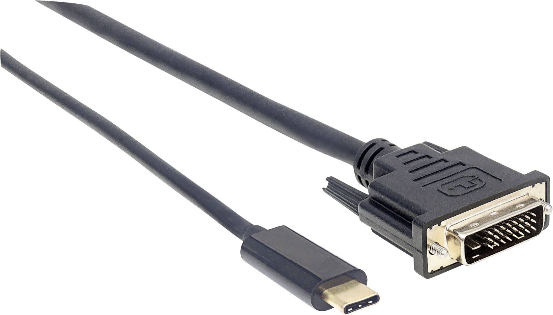 USB-C-zu-DVI-Kabeladapter, schwarz, zeigt USB-C-Stecker links und DVI-Stecker rechts. Verbindet Geräte mit unterschiedlichen Schnittstellen.