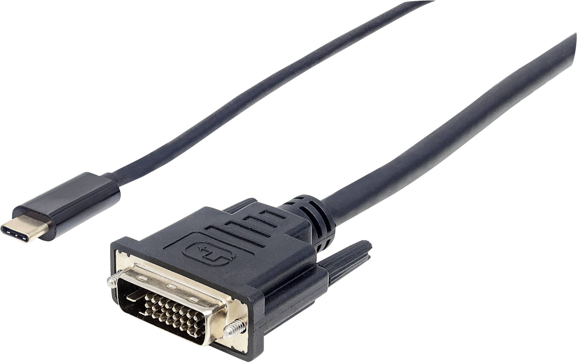 Ein schwarzes Kabel mit einem USB-C-Anschluss auf einer Seite und einem DVI-Anschluss auf der anderen Seite, zur Verbindung von Geräten.