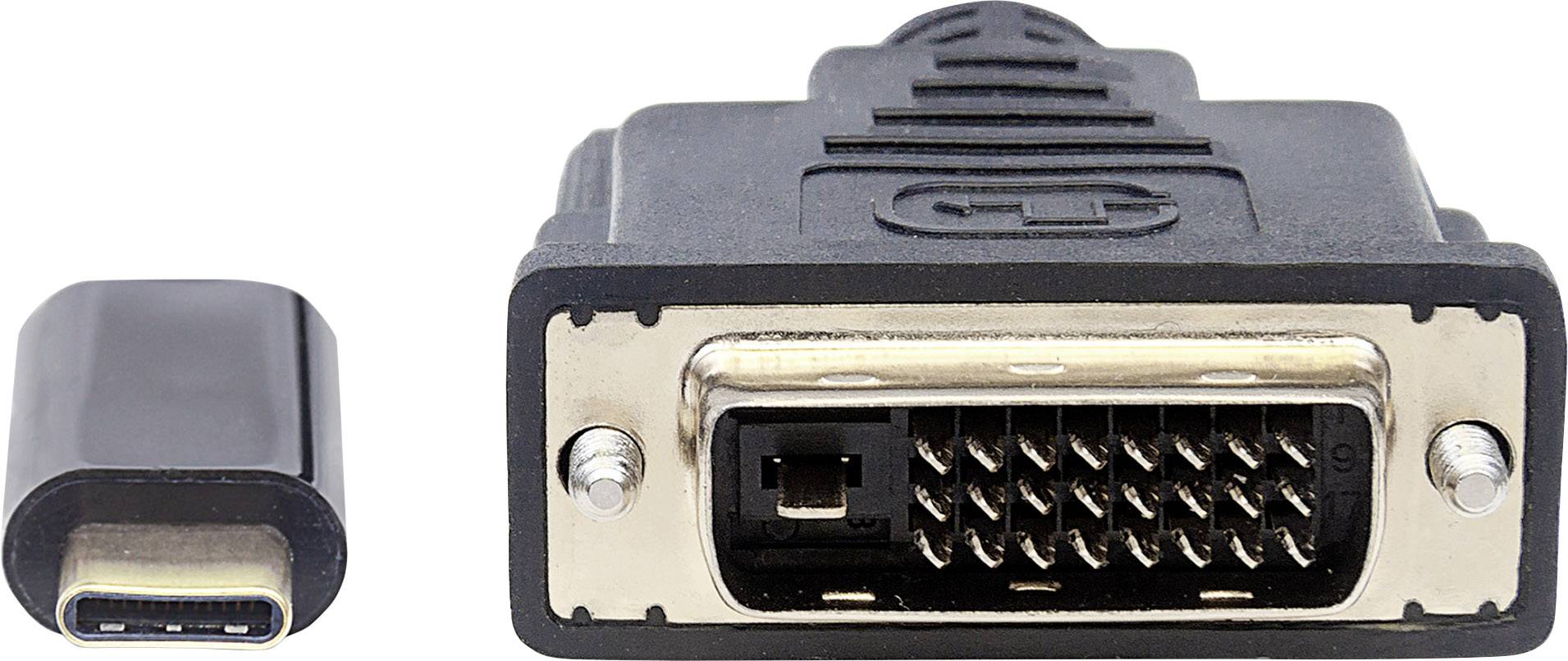Ein USB-C-Stecker liegt neben einem DVI-Stecker, zeigt die Unterschiede in Größe und Form beider Schnittstellen.