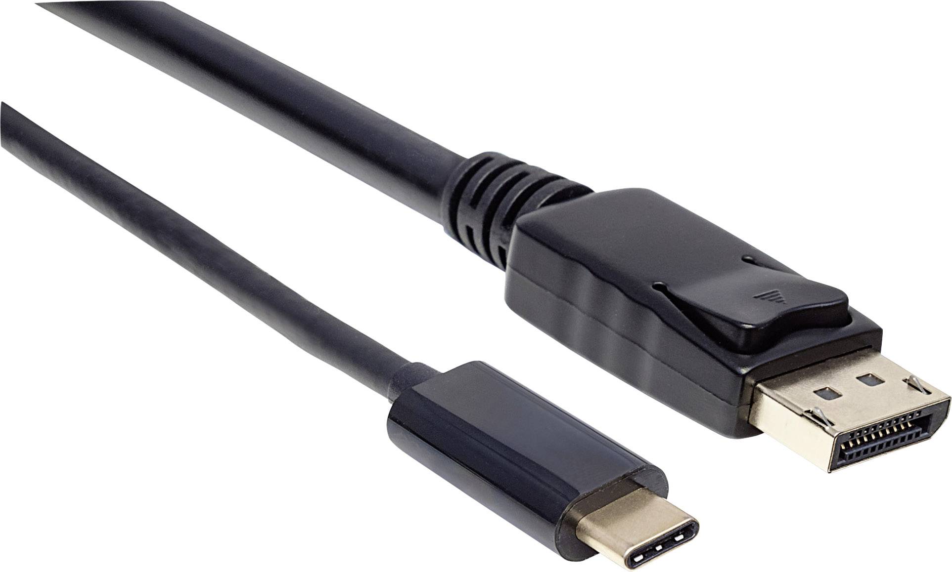 Ein schwarzes Kabel mit einem USB-C-Stecker auf der einen Seite und einem DisplayPort-Stecker auf der anderen Seite.