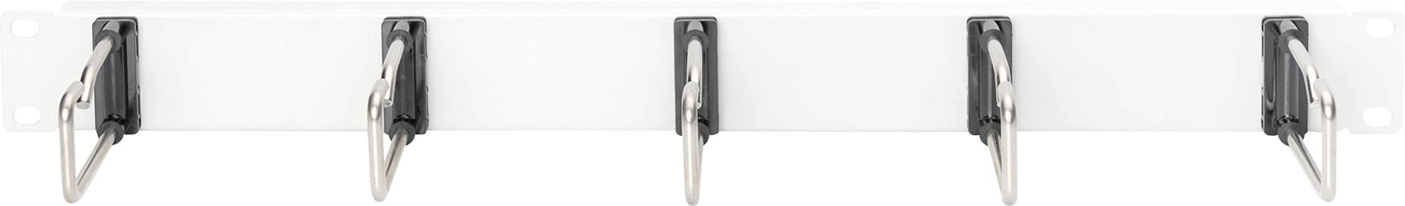 Eine weiße Garderobenleiste mit fünf silbernen Haken, gleichmäßig verteilt, vor einem neutralen Hintergrund.