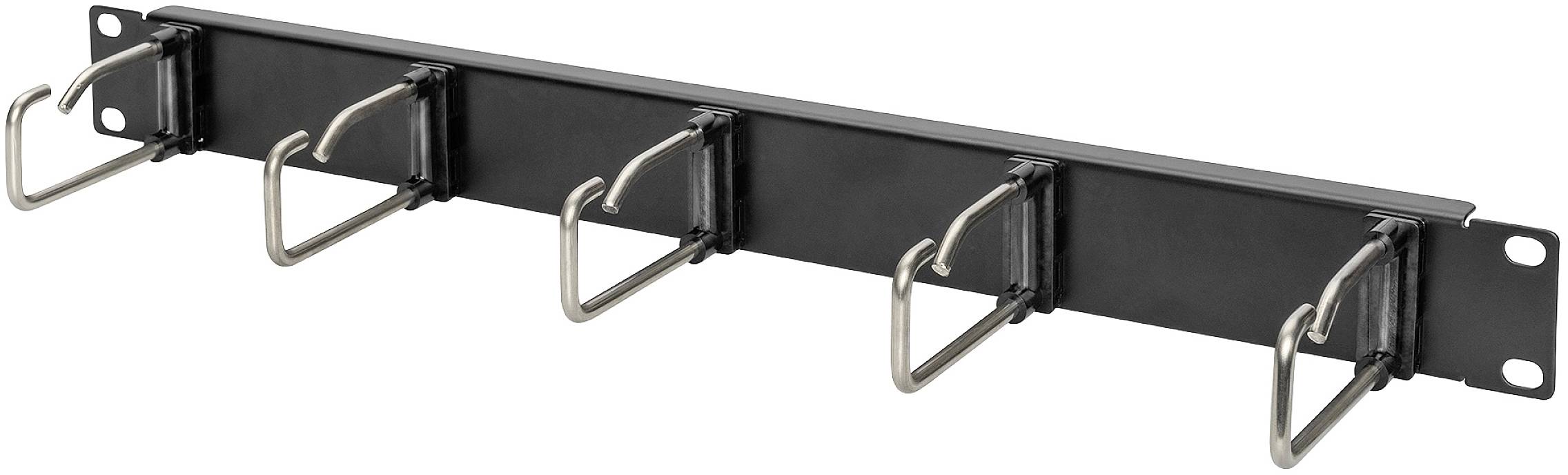 Schwarze Kabelmanagement-Paneele mit fünf Metallbügeln zur ordentlichen Kabelführung in Server-Racks.