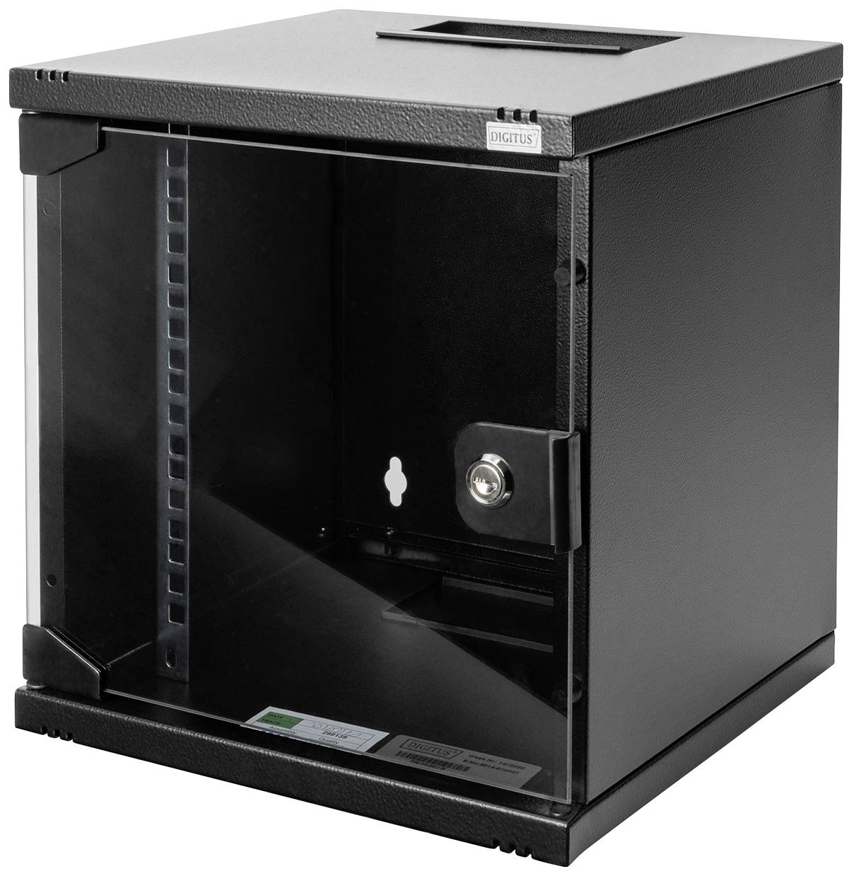Ein kleiner, schwarzer Netzwerkschrank mit Glastür, Wandmontageoption und Schloss. Ideal zur sicheren Aufbewahrung von Netzwerkgeräten.
