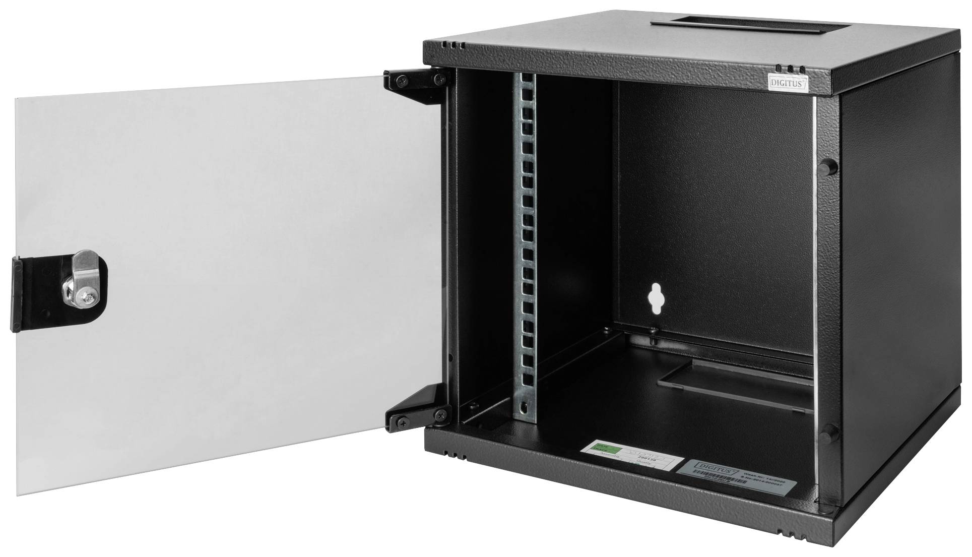 Schwarzer, offener Wandschrank mit seitlichem Schloss, geeignet zur sicheren Aufbewahrung technischer Geräte oder Netzwerkkomponenten.