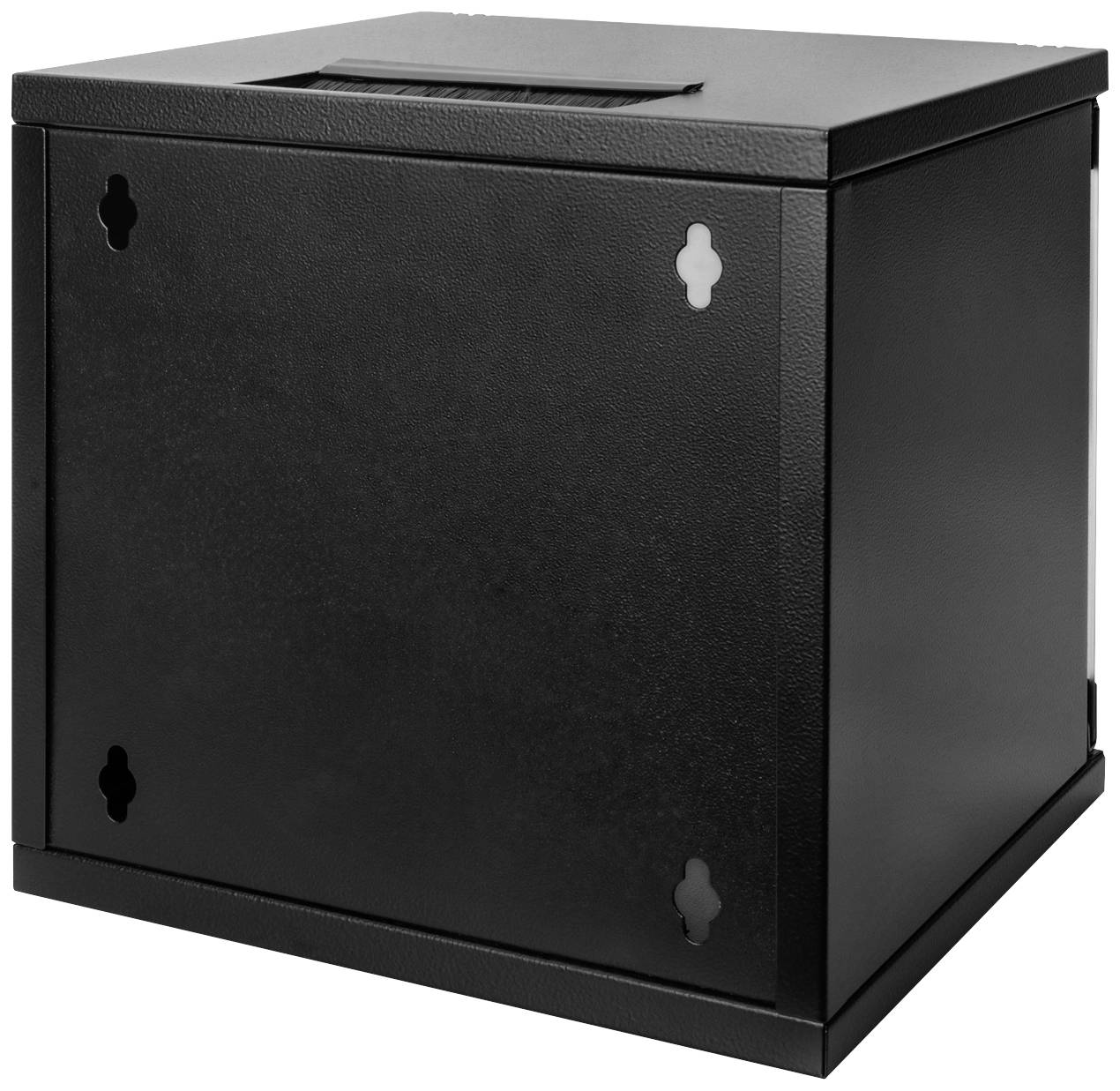 Schwarzer, würfelförmiger Metallkasten mit Schlitz oben und Montageöffnungen an der Seite.