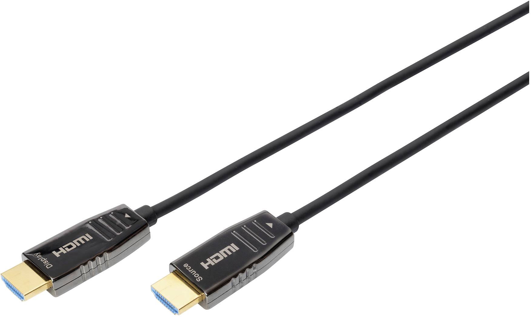 Ein schwarzes HDMI-Kabel mit zwei Steckern an den Enden, geeignet für die Übertragung von Audio- und Videosignalen zwischen Geräten.