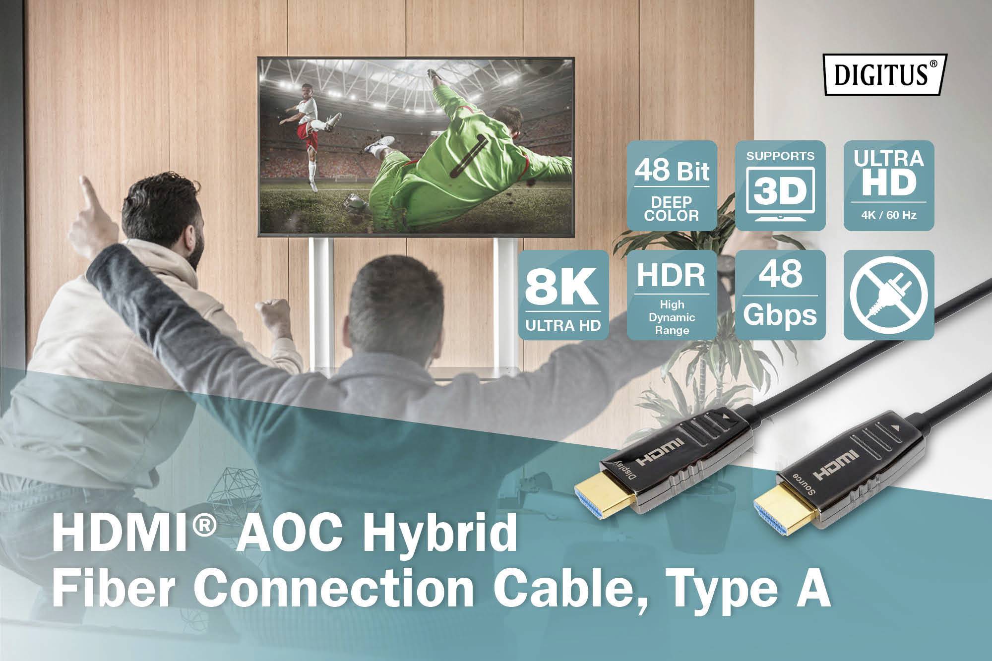 Zwei Personen jubeln vor einem Fernseher, der ein Sportevent zeigt. Rechts abgebildetes HDMI-Fiberkabel von Digitus mit 8K-Unterstützung.