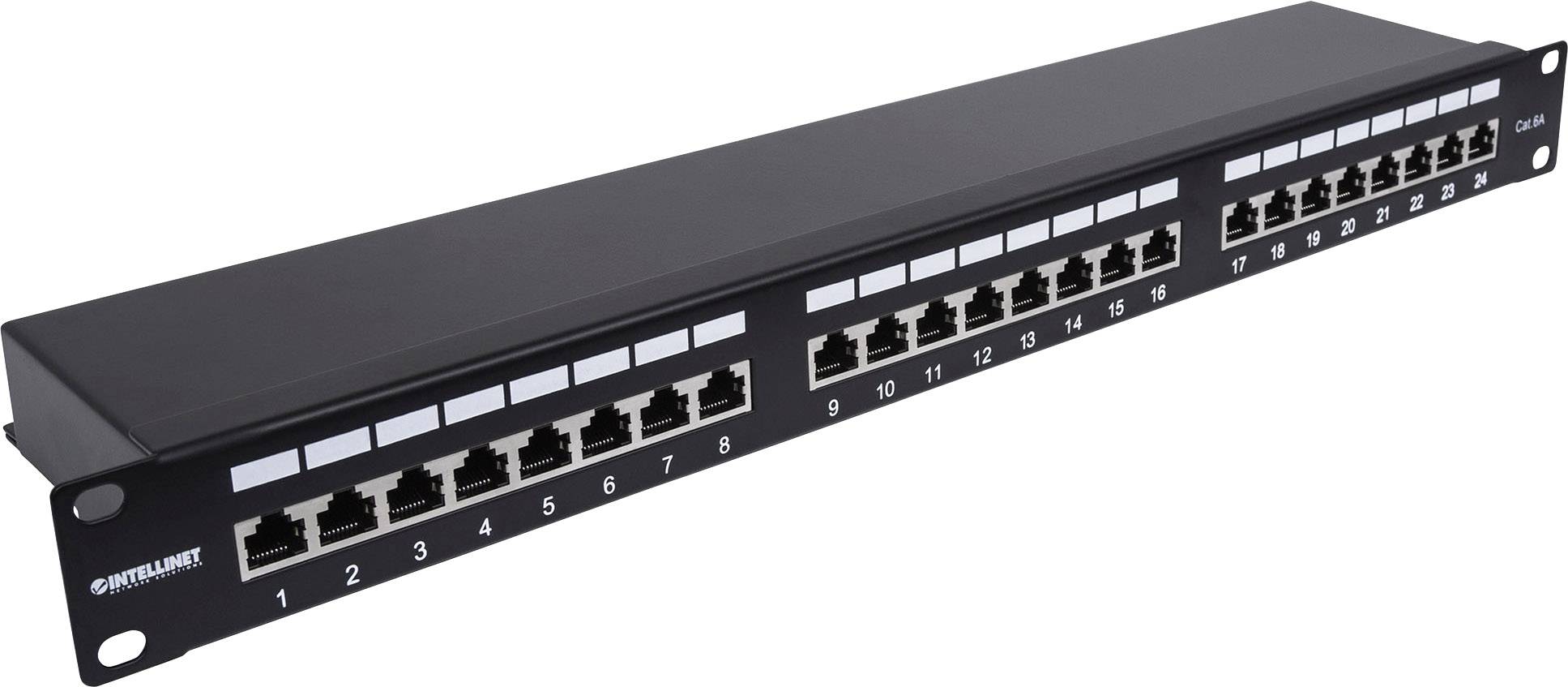 Ein Netzwerk-Patchpanel mit mehreren Ethernet-Anschlüssen, nummeriert von 1 bis 24. Es dient zur Kabelorganisation in einem Netzwerkschrank.