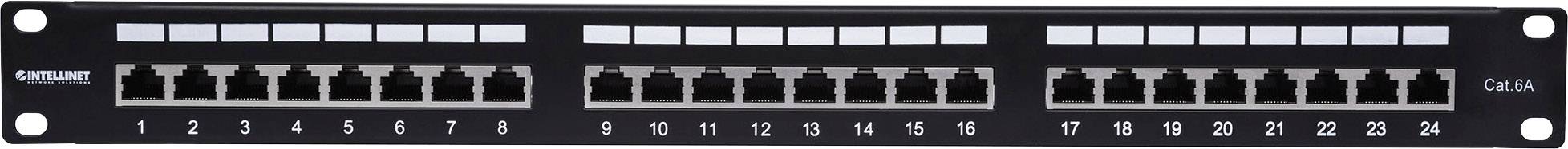 Patchpanel mit 24 Ethernet-Anschlüssen in zwei Reihen, nummeriert von 1 bis 24. Label oben: DIGITUS.