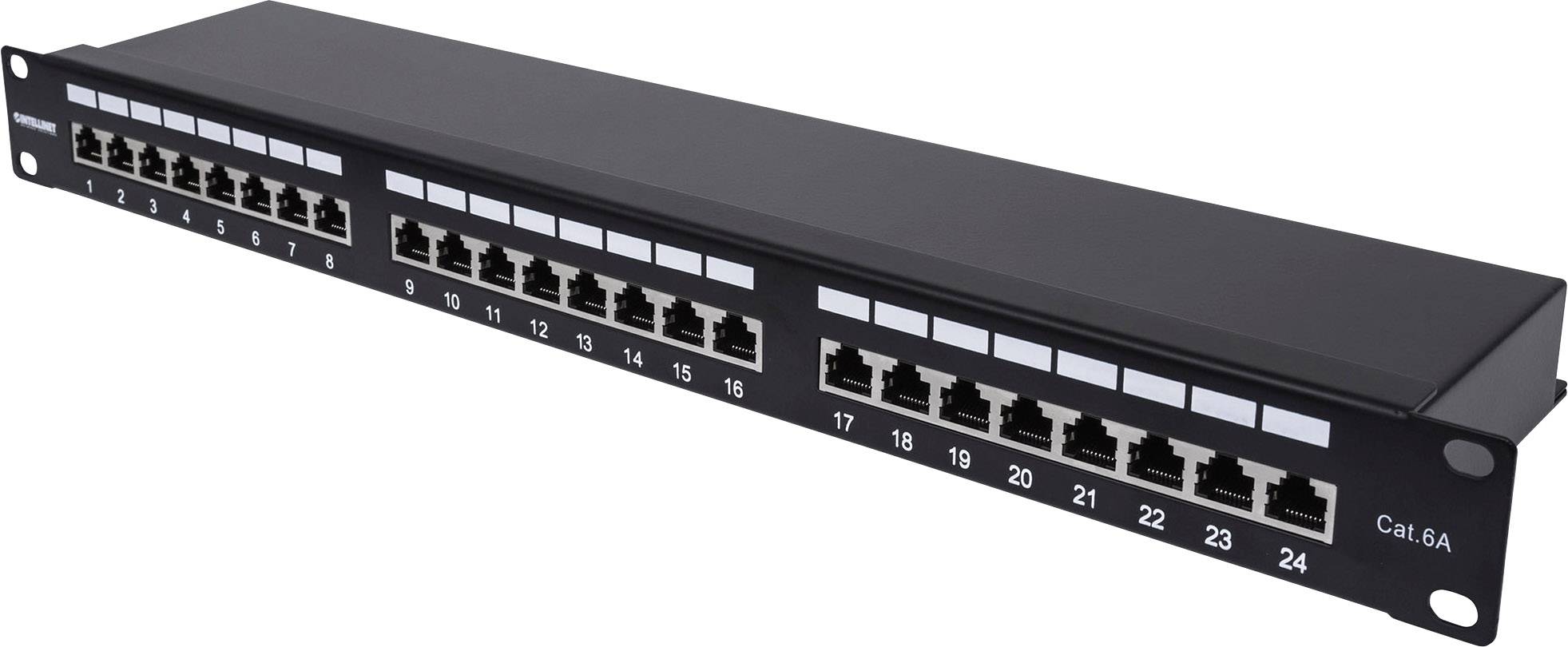 Patchpanel mit 24 Ethernet-Ports. Vorderseite nummeriert von 1 bis 24, eignet sich für die Verwaltung von Netzwerkkabelverbindungen.