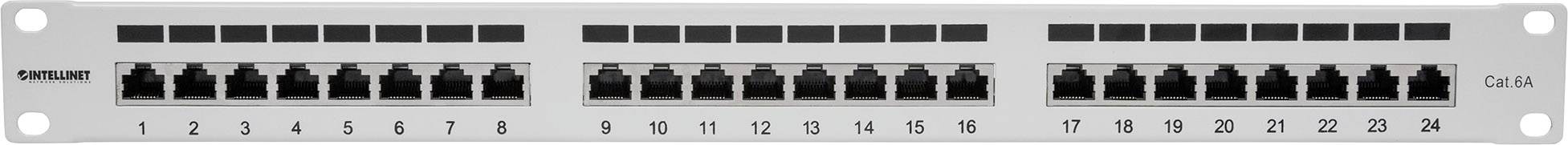 Patchpanel mit 24 Ethernet-Anschlüssen, nummeriert von 1 bis 24, in einem metallischen Gehäuse.