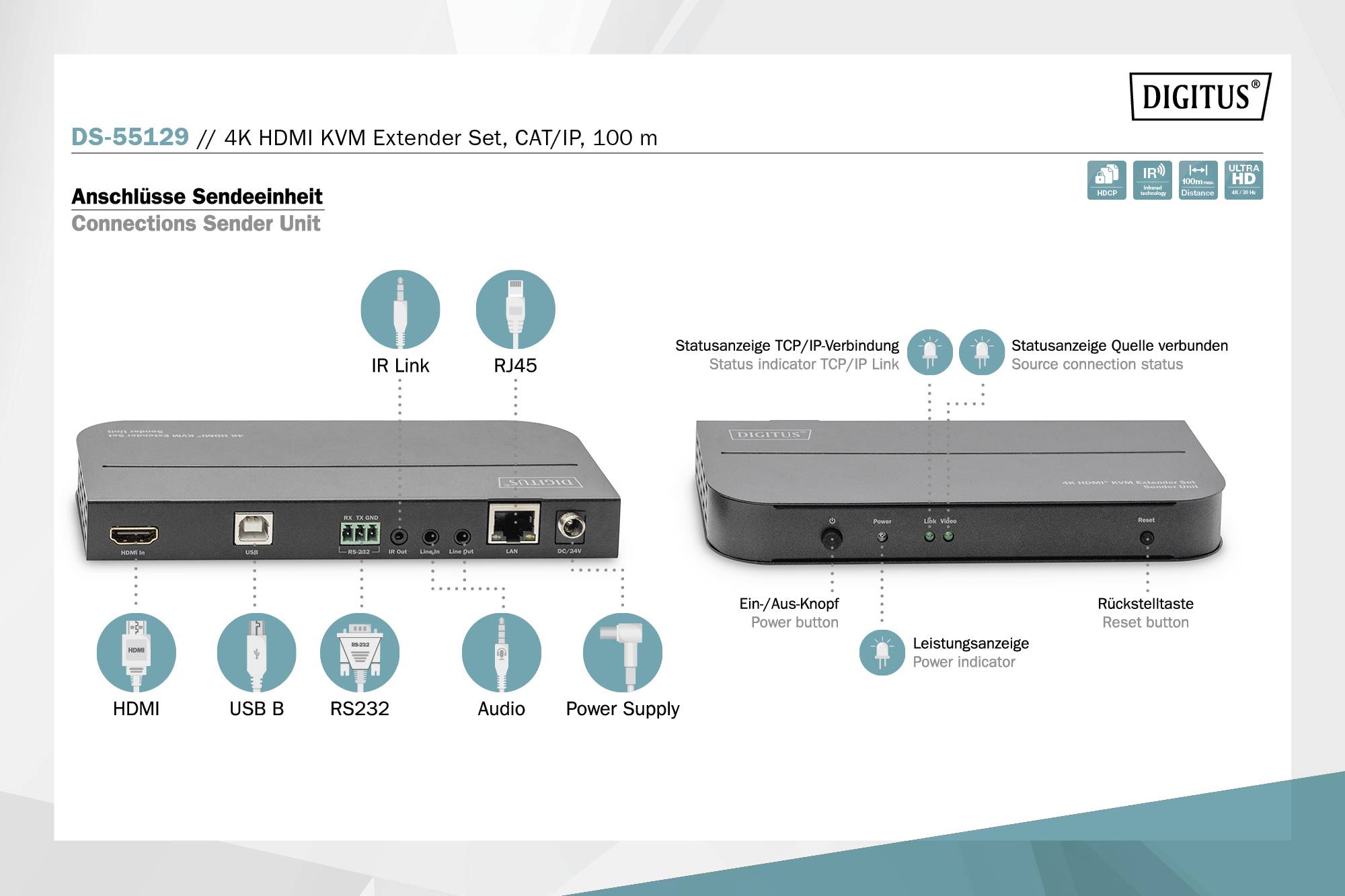 Digitus DS-55129 3+2 Port HDMI Extender Set HDMI 4096 x 2160 Pixel