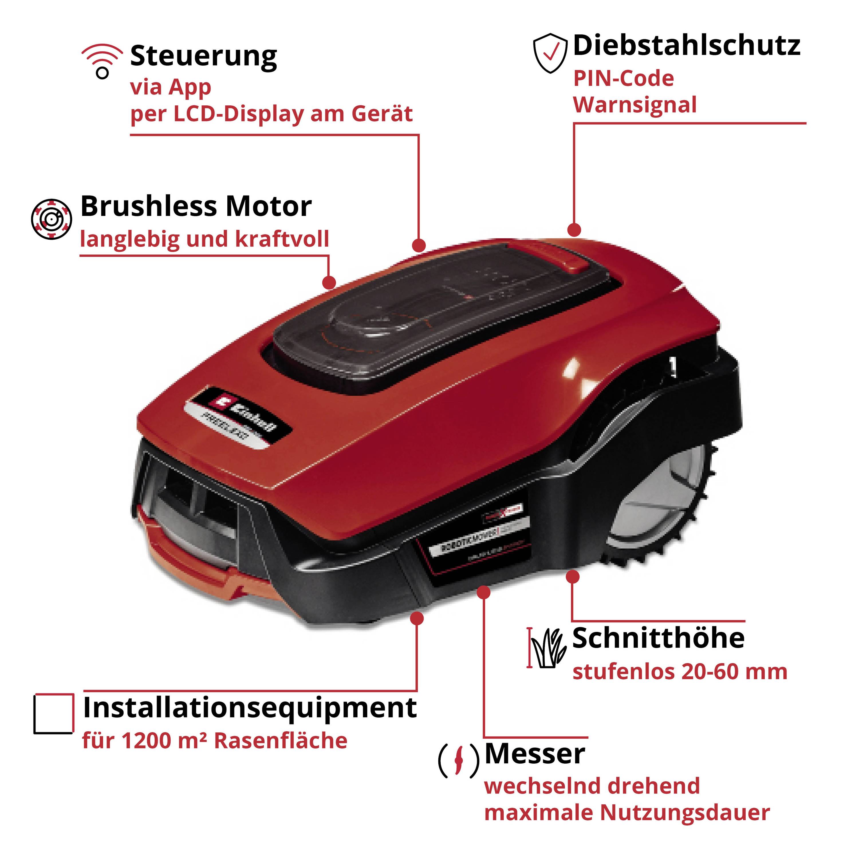 Ein roter Rasenmäherroboter mit brushless Motor, diebstahlsicherem PIN-Code, höhenverstellbar, steuerbar per App oder Display.