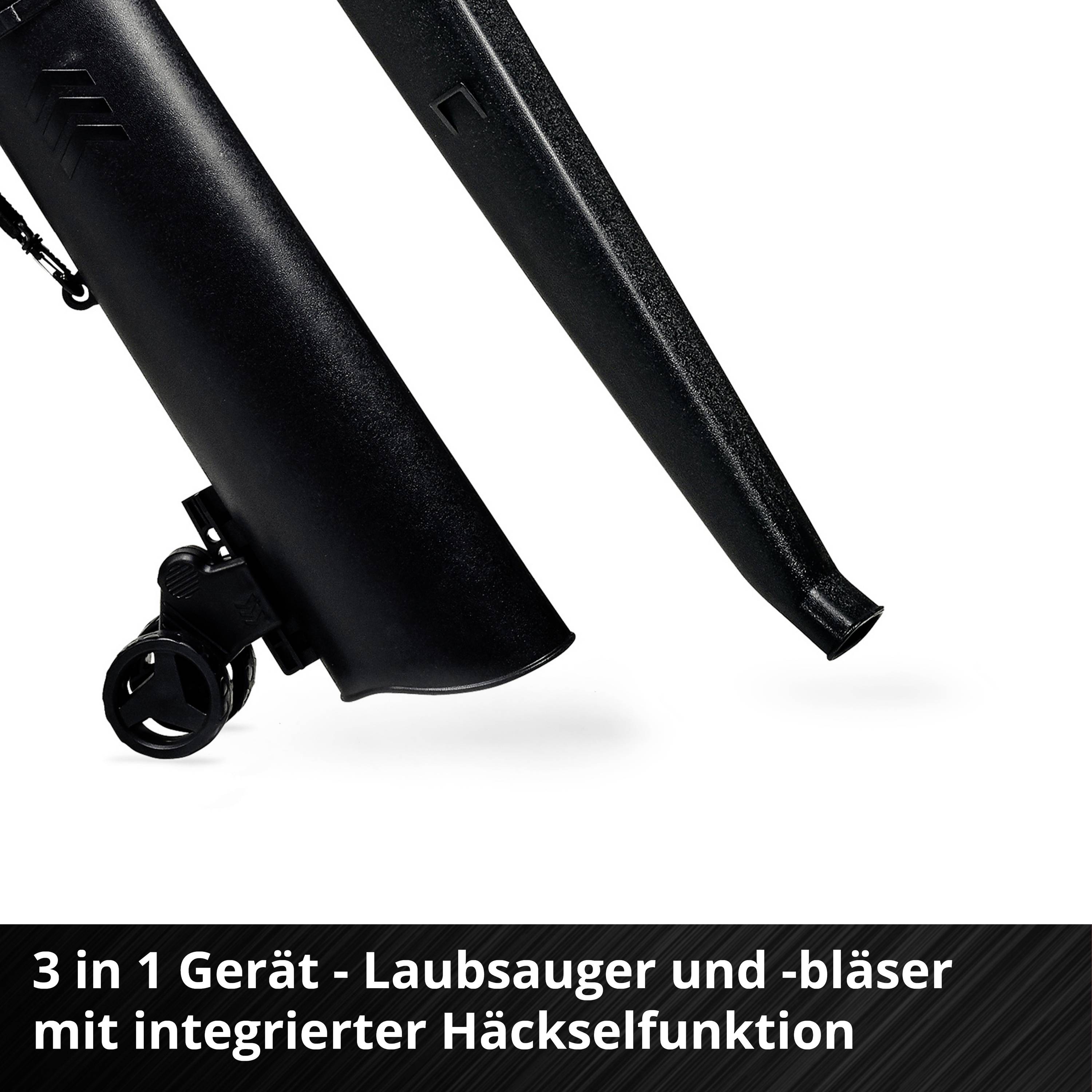 Schwarzes 3-in-1-Gartengerät: Laubsauger, -bläser und Häcksler. Produkt mit Rädern und langem Rohr für Gartenpflege.