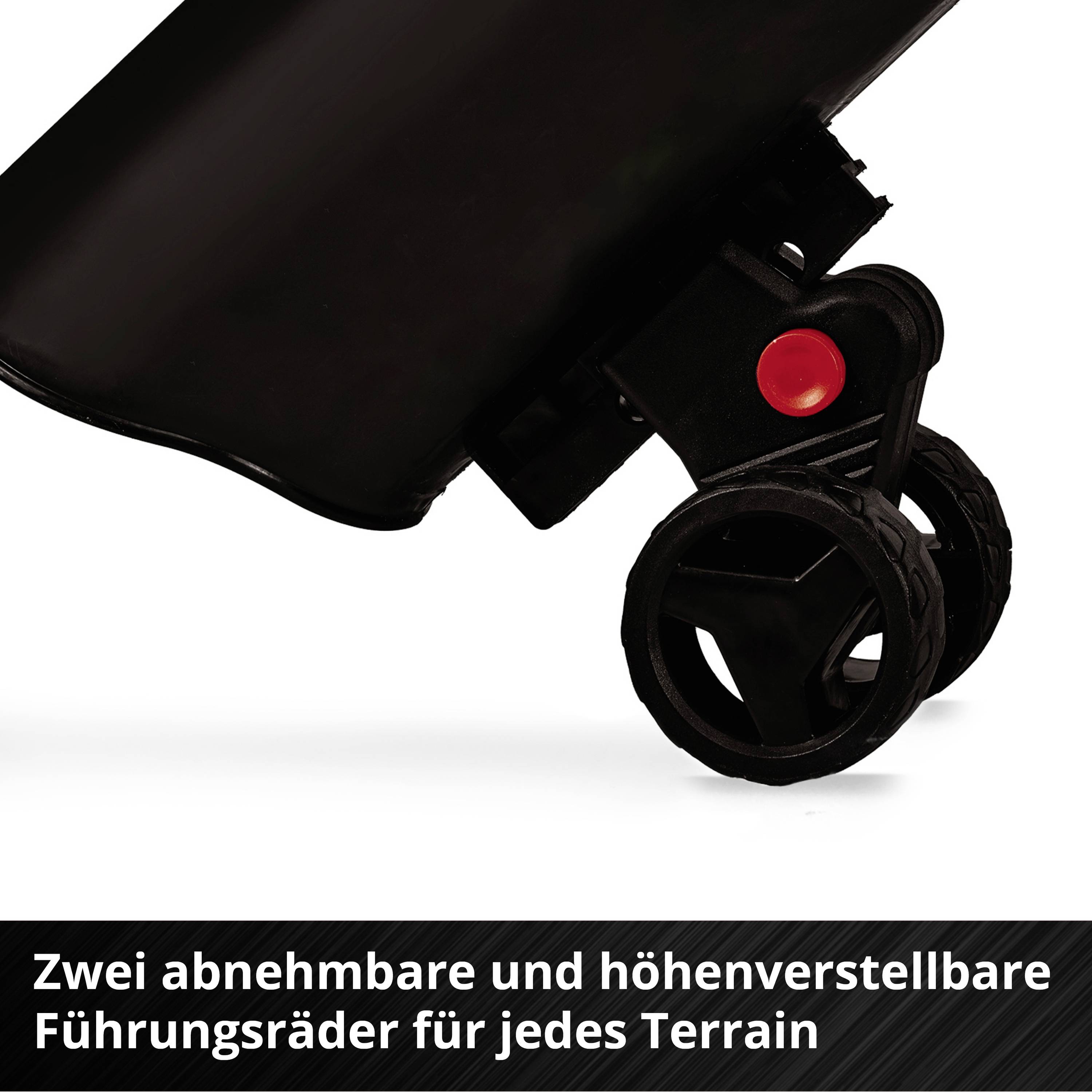 Zwei abnehmbare und höhenverstellbare Führungsräder für jedes Terrain, mit einem roten Knopf zur Höhenanpassung.