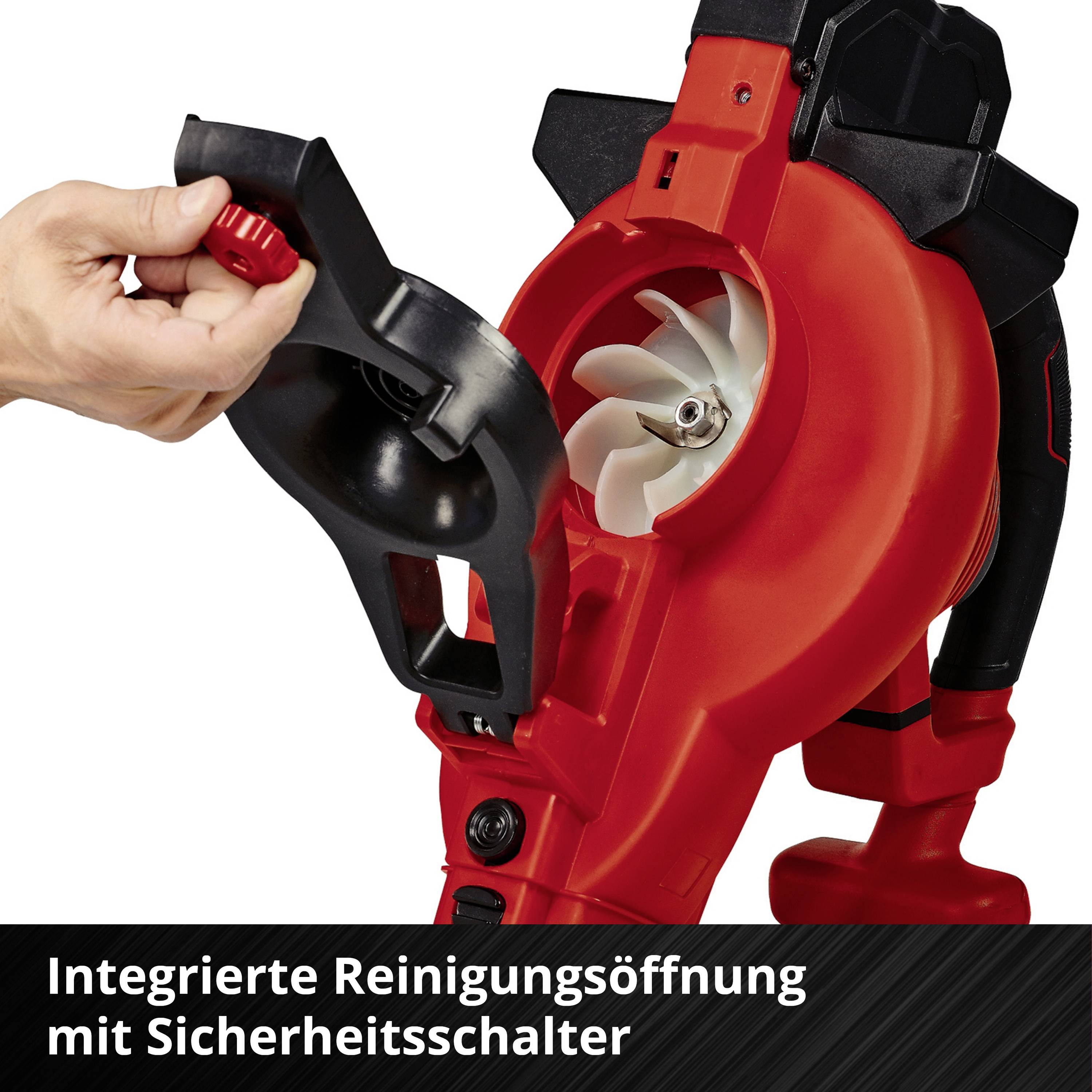 Eine Hand dreht den Sicherheitsverschluss eines roten Laubbläsers, um die Reinigungsöffnung zu zeigen. Text: 'Integrierte Reinigungsöffnung mit Sicherheitsschalter'.