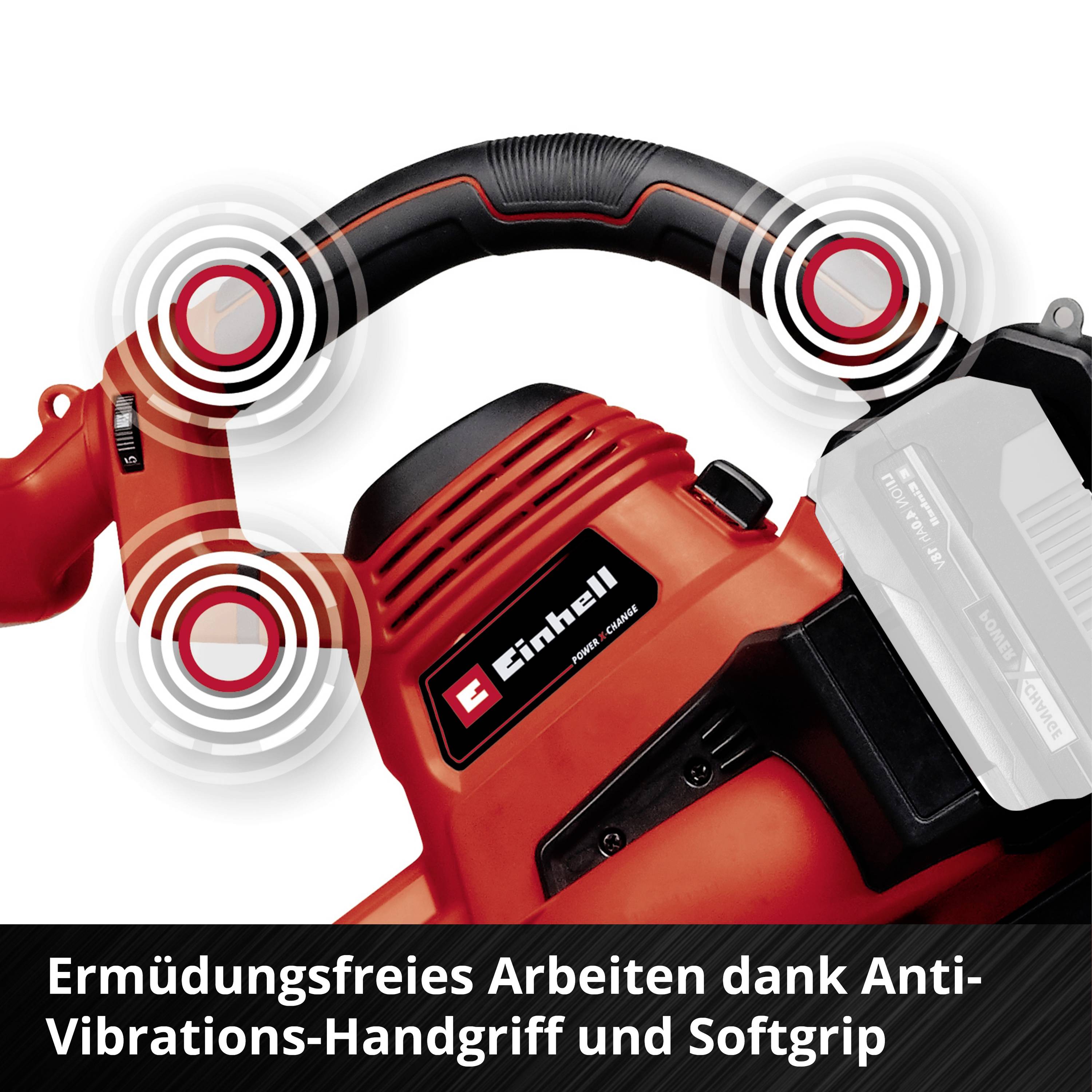 Eine rot-schwarze Kettensäge mit Anti-Vibrations-Handgriff und Softgriff. Text im Bild: 'Ermüdungsfreies Arbeiten dank Anti-Vibrations-Handgriff und Softgriff'.