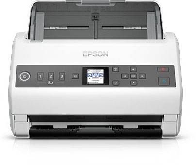 Ein Flachbettscanner von Epson mit Bedienelementen und Display auf der Vorderseite, geeignet zum Digitalisieren von Dokumenten.