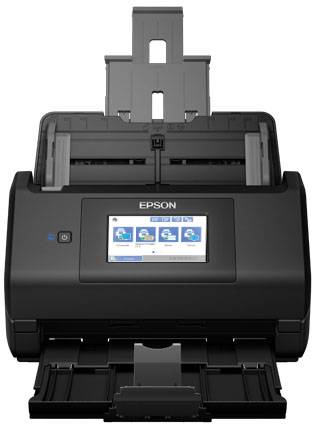 Ein schwarz-grauer Epson Scanner mit offenem Dokumenteneinzug und einem Display, das verschiedene Scan-Optionen zeigt.
