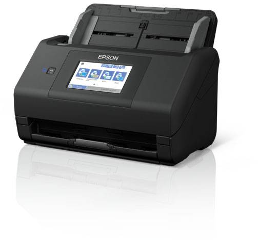 Schwarz-grauer Epson Drucker mit Touchscreen und geöffnetem Papierfach, geeignet für Büro- oder Heimgebrauch.
