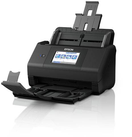 Schwarzer Epson-Dokumentenscanner mit geöffnetem Einzugsfach und digitalem Display, das Scanoptionen anzeigt.