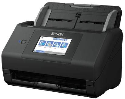Ein schwarzer Dokumentenscanner von Epson mit integriertem Display auf der Vorderseite zeigt Symbole zur Bedienung.