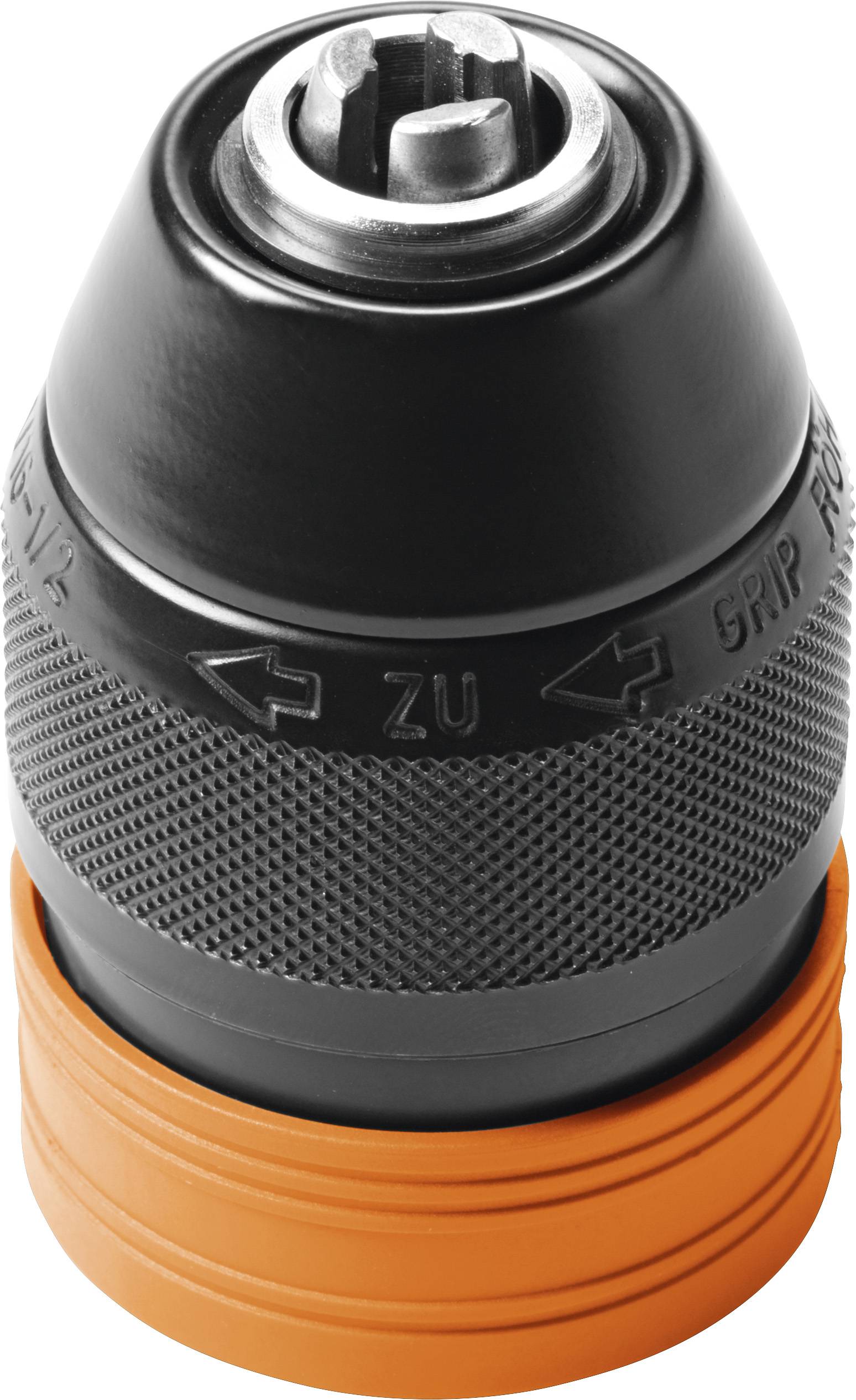 Schwarzes und oranges Bohrfutter mit Metallkopf, Text 'GRIP' und 'ZU' darauf, geeignet zum Halten von Bohrern in einer Bohrmaschine.