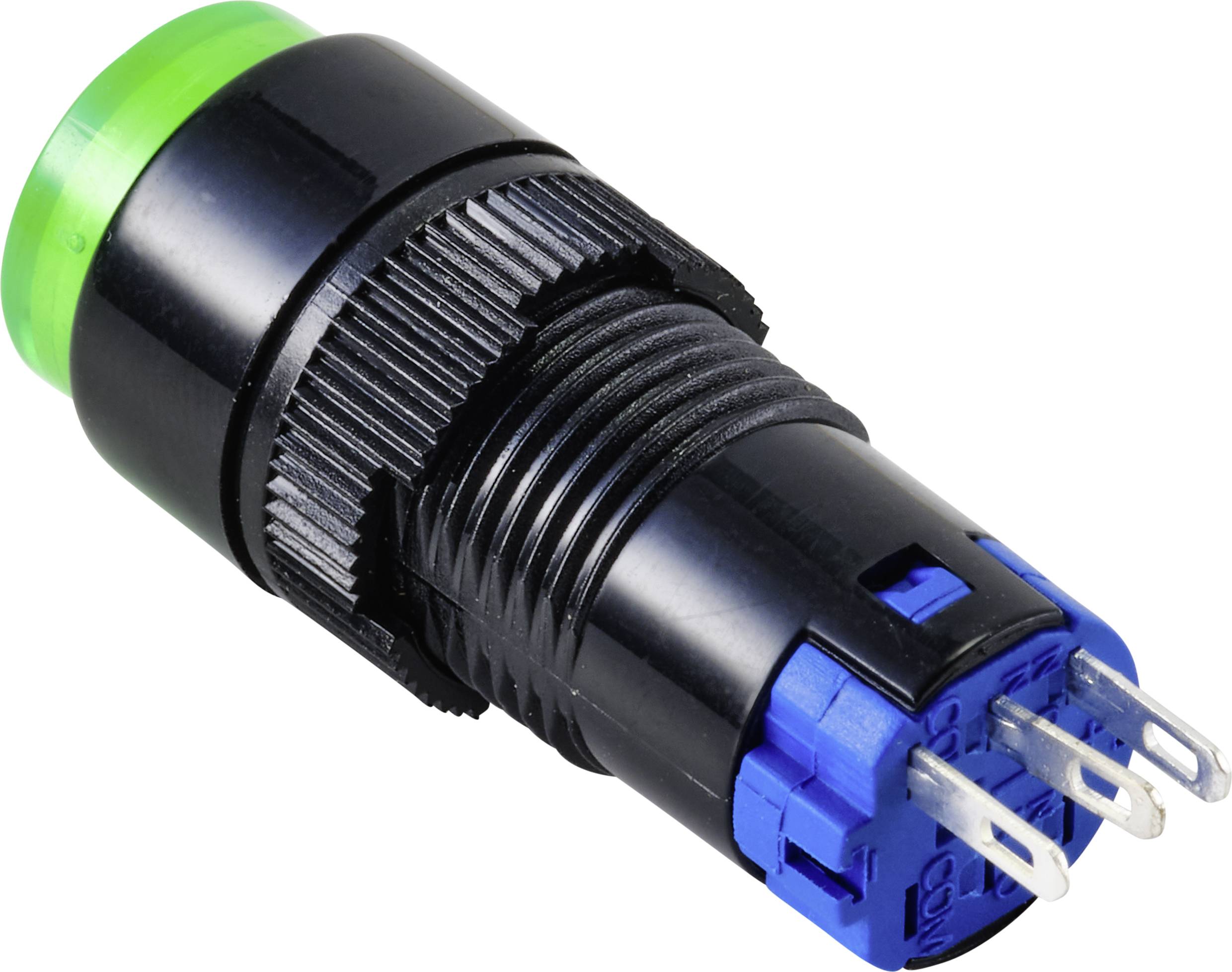 Grüner LED-Druckschalter mit schwarzem Gehäuse und blauer Basis, seitliche Ansicht mit Anschlussstiften sichtbar.