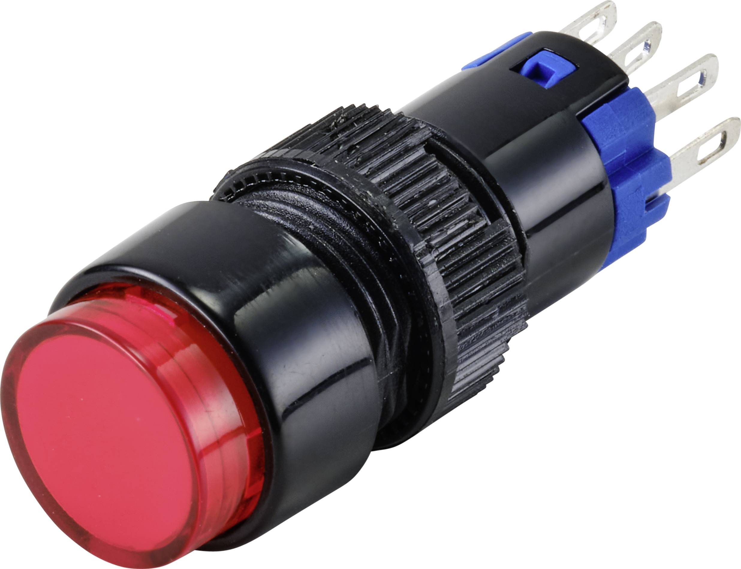 Ein roter Druckknopf mit blauer und schwarzer Befestigung, geeignet für elektronische Anwendungen oder Geräte.